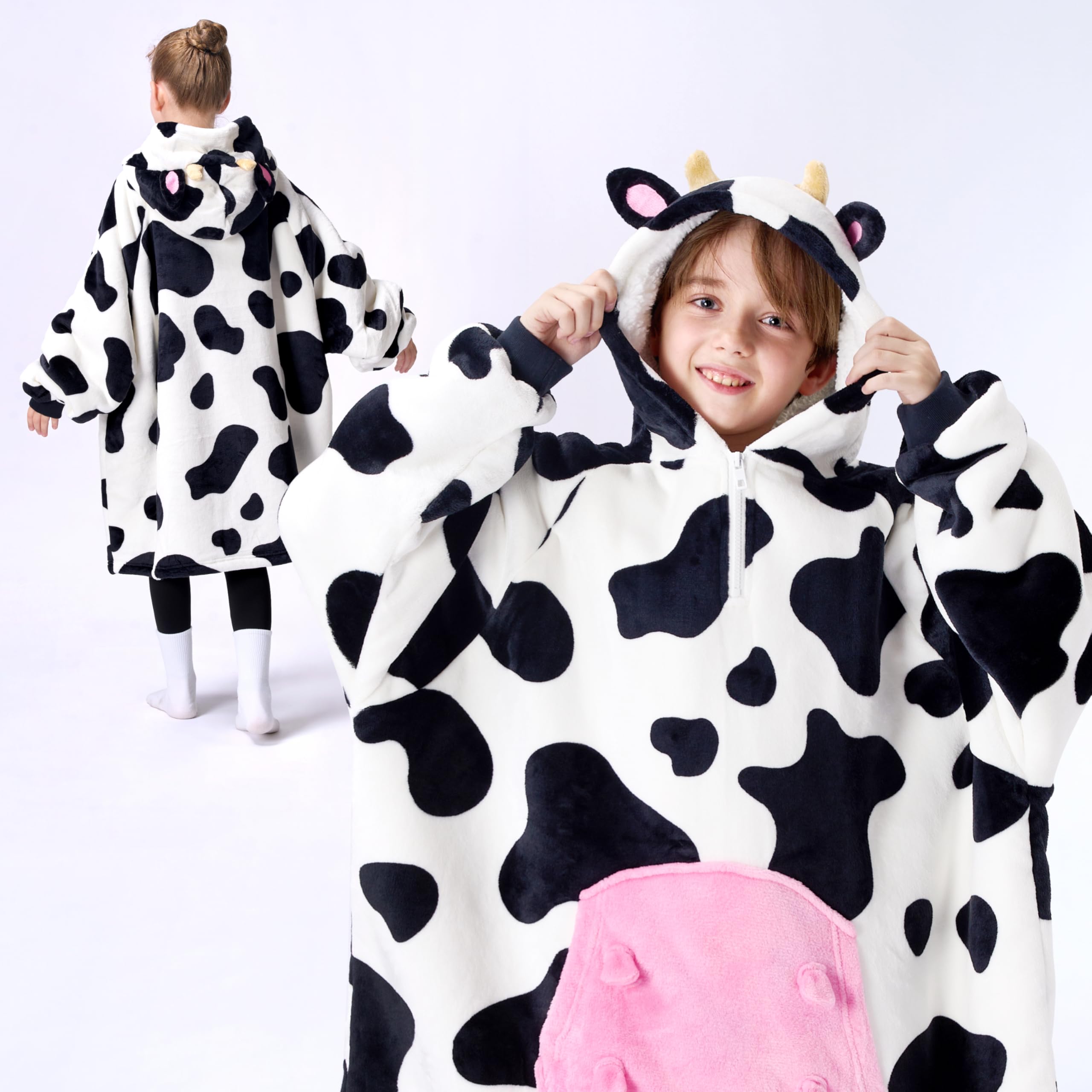 Giggling Getup Cow Wearable Blanket Hoodie - Oversized Soft Sherpa Fleece Hooded Blanket with Giant Pocket - Warm Plush Flannel Blanket Sweatshirt for Kids & Adults - Perfect for Winter Nights, Movie Time and Family Snuggles
