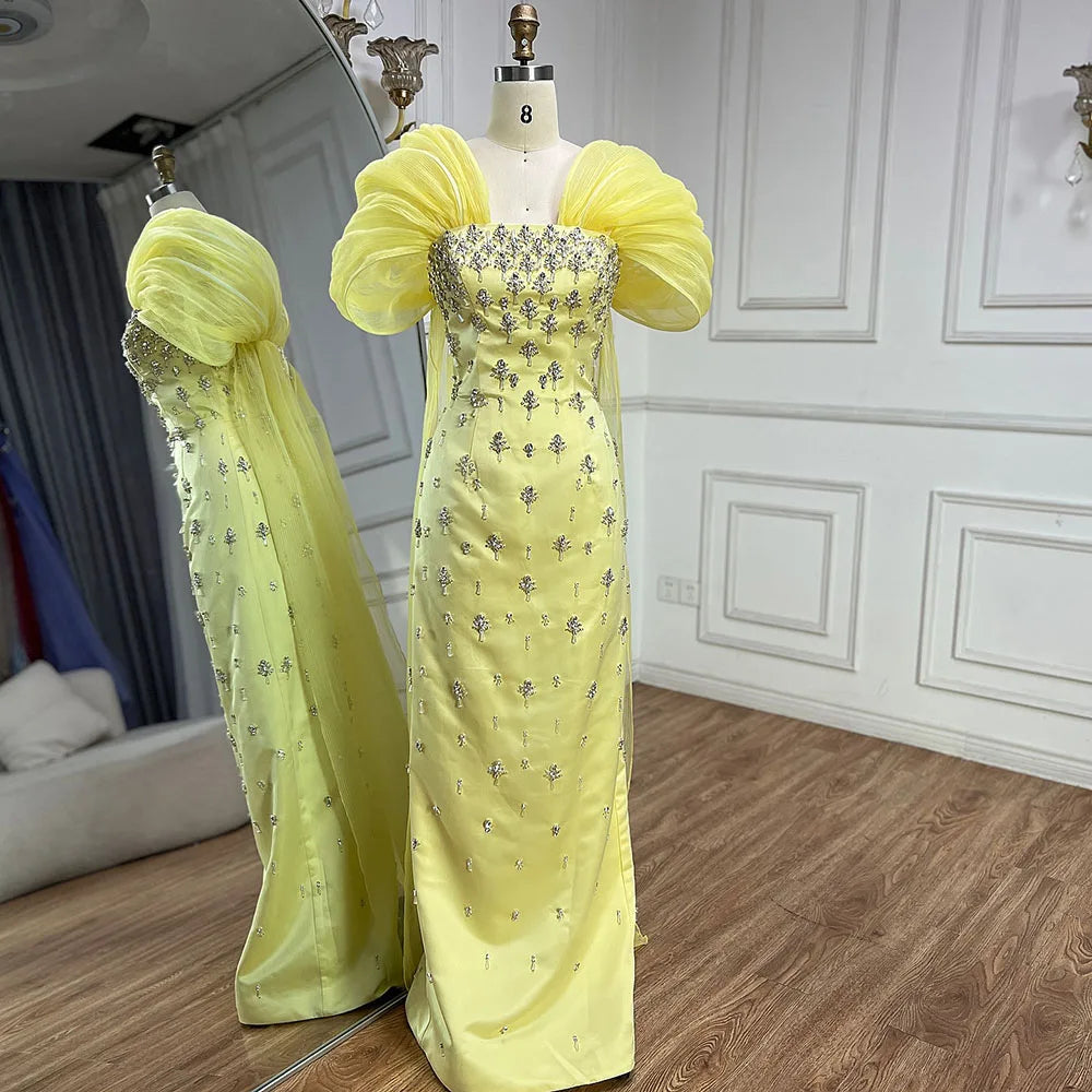 Elegant Yellow Beaded Evening Gown Dubai Style Arabic Formal Dress for Women - Perfect for Weddings, Galas & Special Occasions