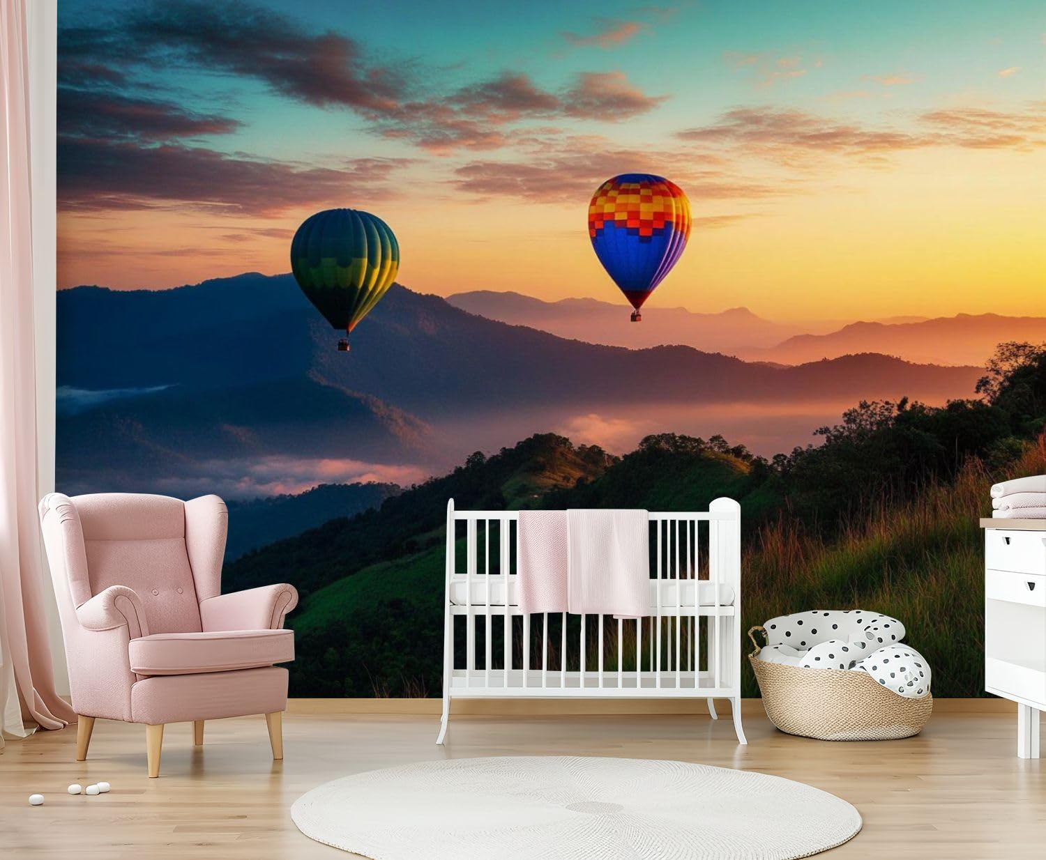 Removable 3D Wall Mural - Self-Adhesive Peel & Stick Landscape Wallpaper with Mountains, Hot Air Balloons & Sunrise - Large Contact Paper for Living Room, Bedroom, Nursery & Furniture Decoration | Perfect for Home Office, Dorm Room & Rental Spaces