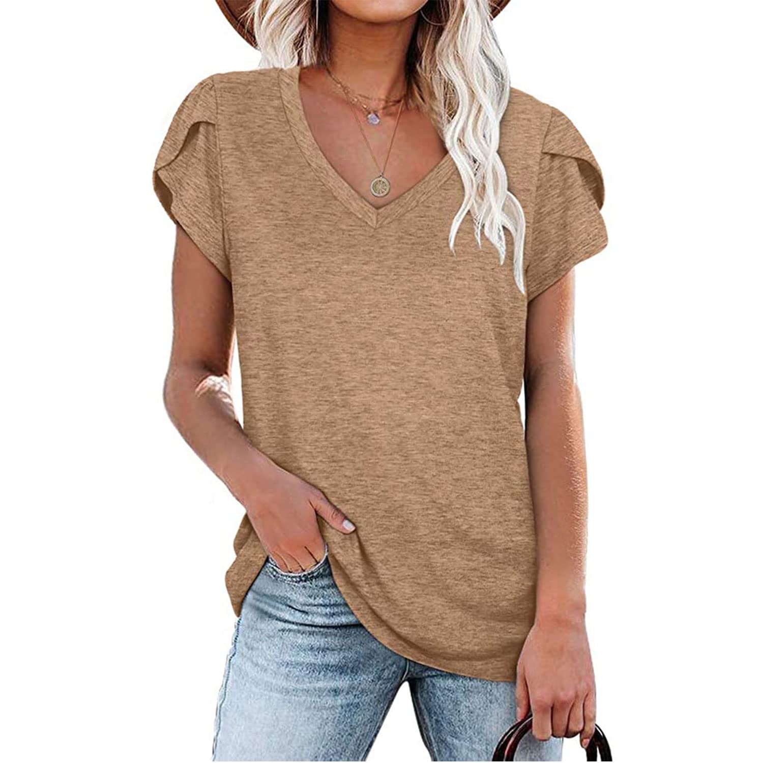 ECOBURY Women's Summer Tops - V-Neck Short Sleeve Blouses with Petal Sleeves | Casual Floral Shirts for Beach, Vacation & Everyday Wear