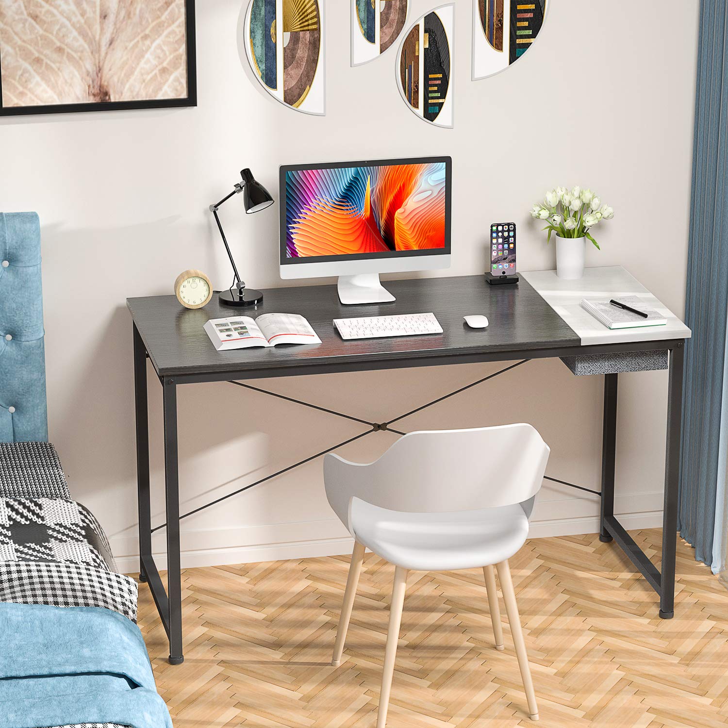 Foxemart 47 Inch Computer Desk - Modern Home Office Desk with Storage Bag & Drawer, Study Writing Workstation for Small Spaces, Black & White - Perfect for Remote Work, Online Learning & Gaming Setup