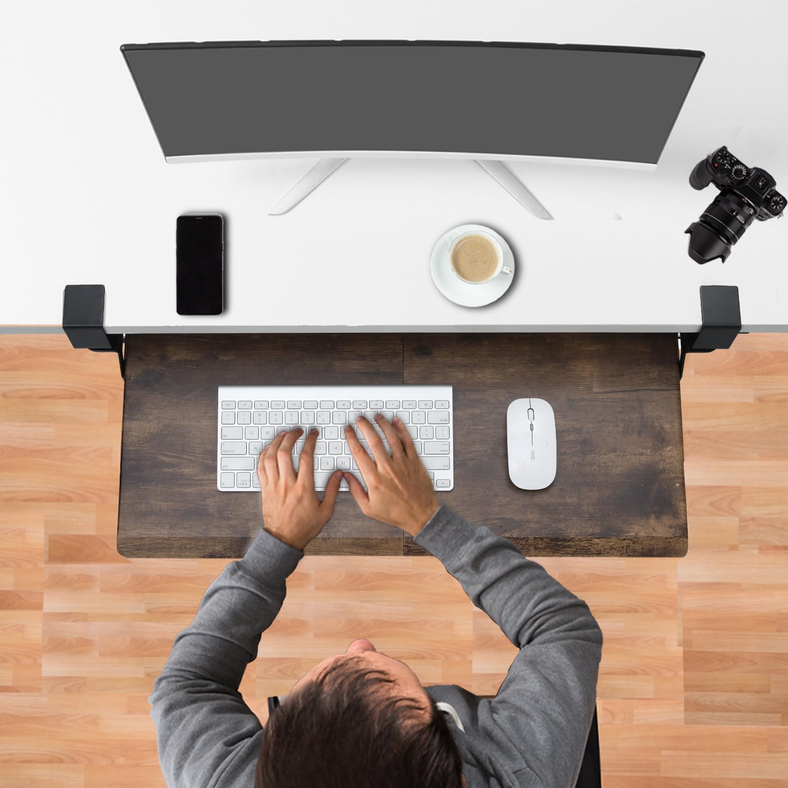 Ergonomic Under Desk Keyboard Tray - Slide-Out Wooden Platform with C-Clamp for Home & Office Workspace