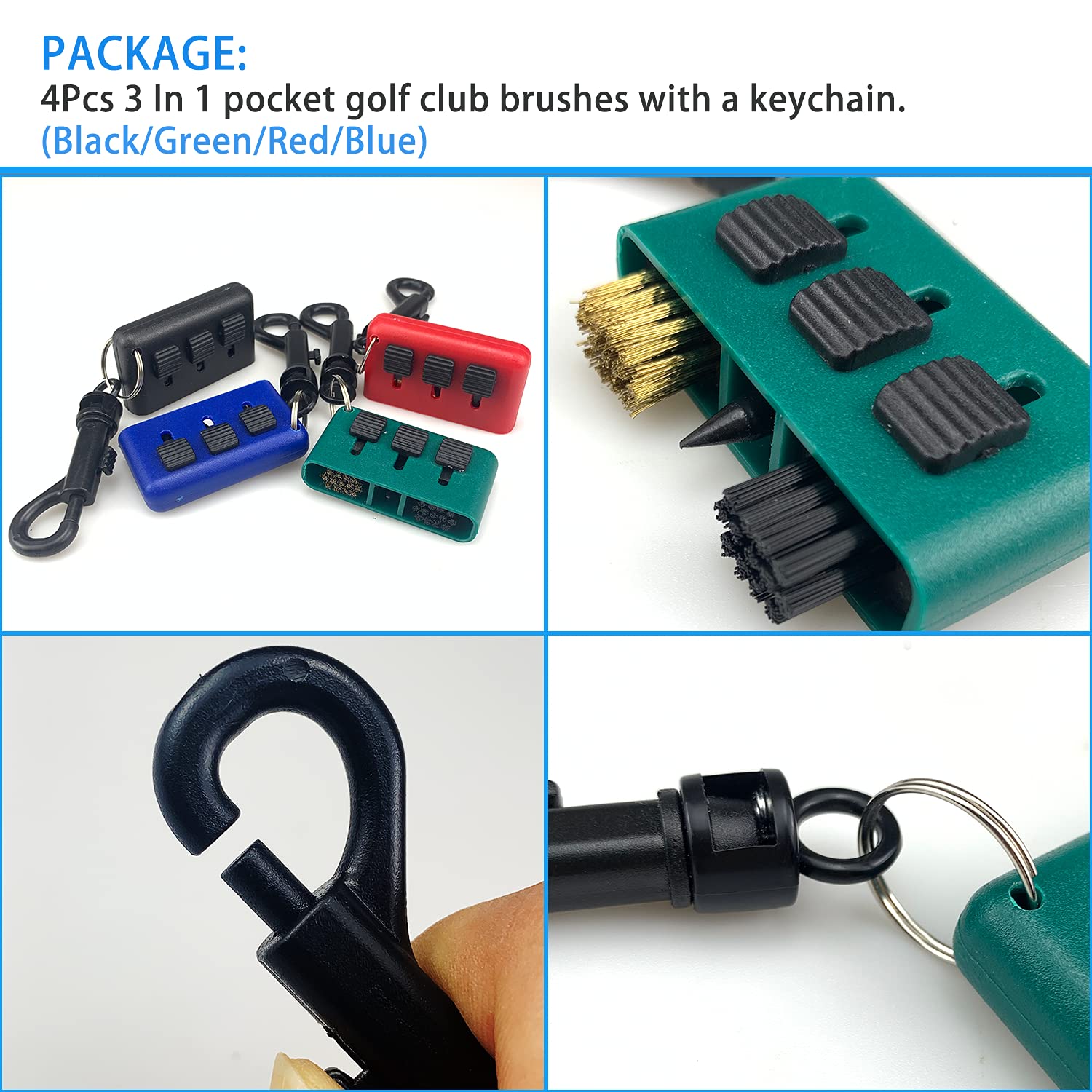 4-in-1 Golf Club Cleaning Brushes with Keychain - 3-in-1 Golf Club Cleaning Tool Set for Irons & Woods - Includes 4 Color Options - Perfect for Golf Course, Driving Range & Home Practice