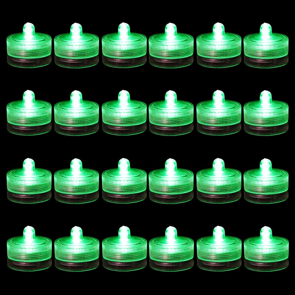 Idyl Light Submersible LED Lights - Waterproof Battery-Operated Tea Lights for Pools, Baths & Home Decor | 24 Pack Green Underwater Mini Lights for Weddings, Parties & Relaxation
