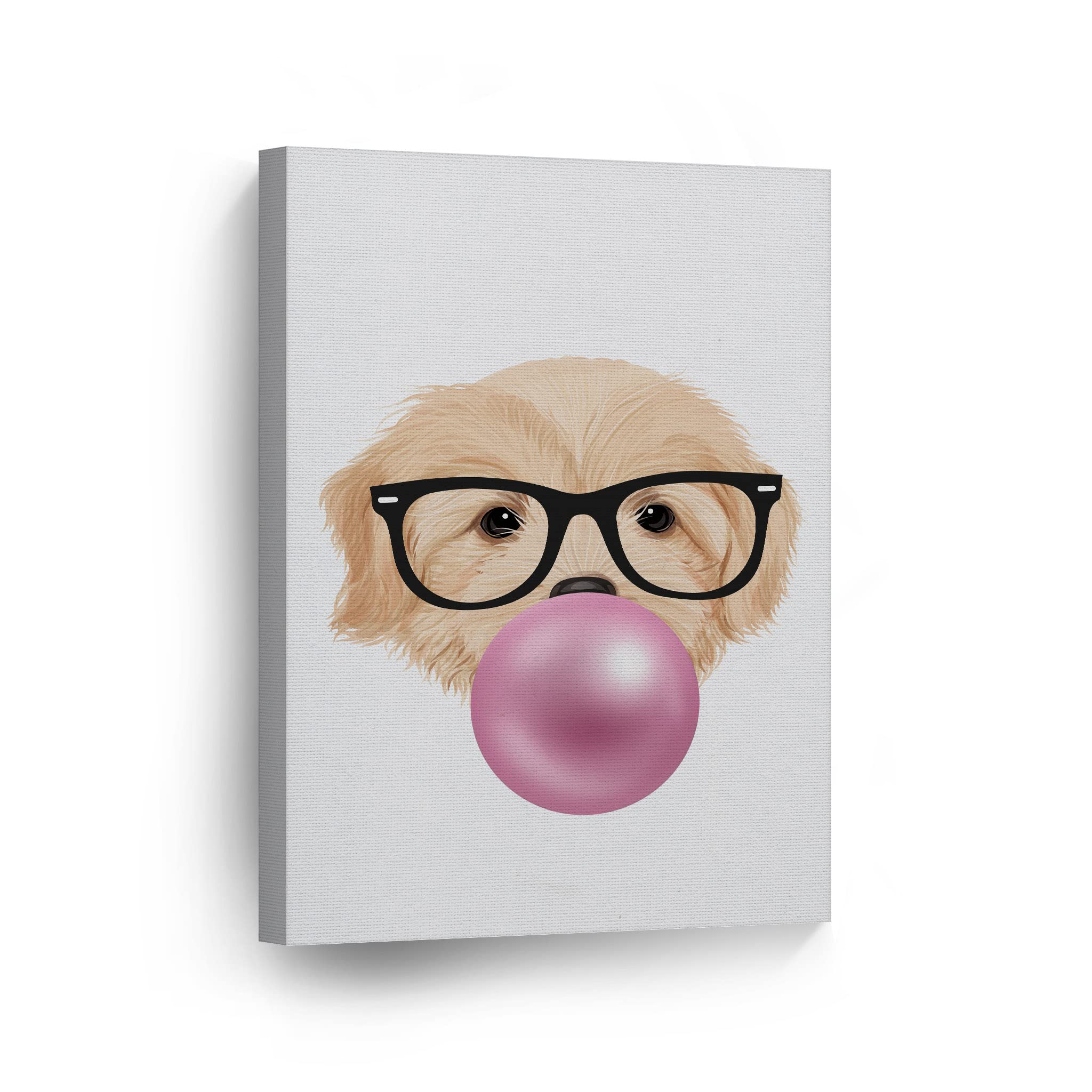 Golden Retriever Puppy Portrait with Glasses Chewing Bubble Gum - Canvas Wall Art Print for Dog Lovers - Perfect for Living Room, Bedroom, Nursery & Kids Room Decor - 36x24 Inches - Funny Pet Gift Idea for Dog Owners & Animal Lovers