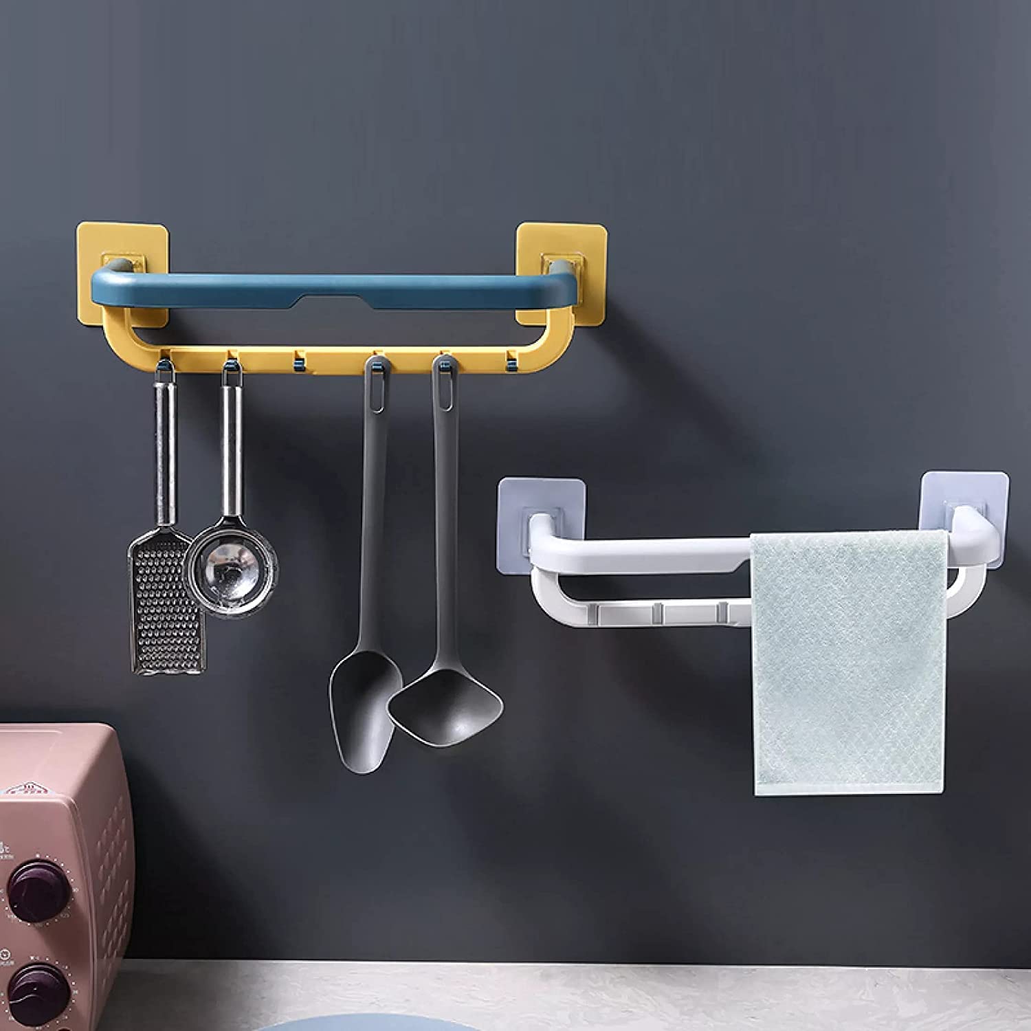 Pushkh Foldable Towel Rack for Bathroom - Wall Mounted Double Layer Towel Holder with Shelves & Hooks | Space Saving Bathroom Organizer | Perfect for Small Bathrooms, Laundry Rooms & Dorm Rooms (Multicolor)
