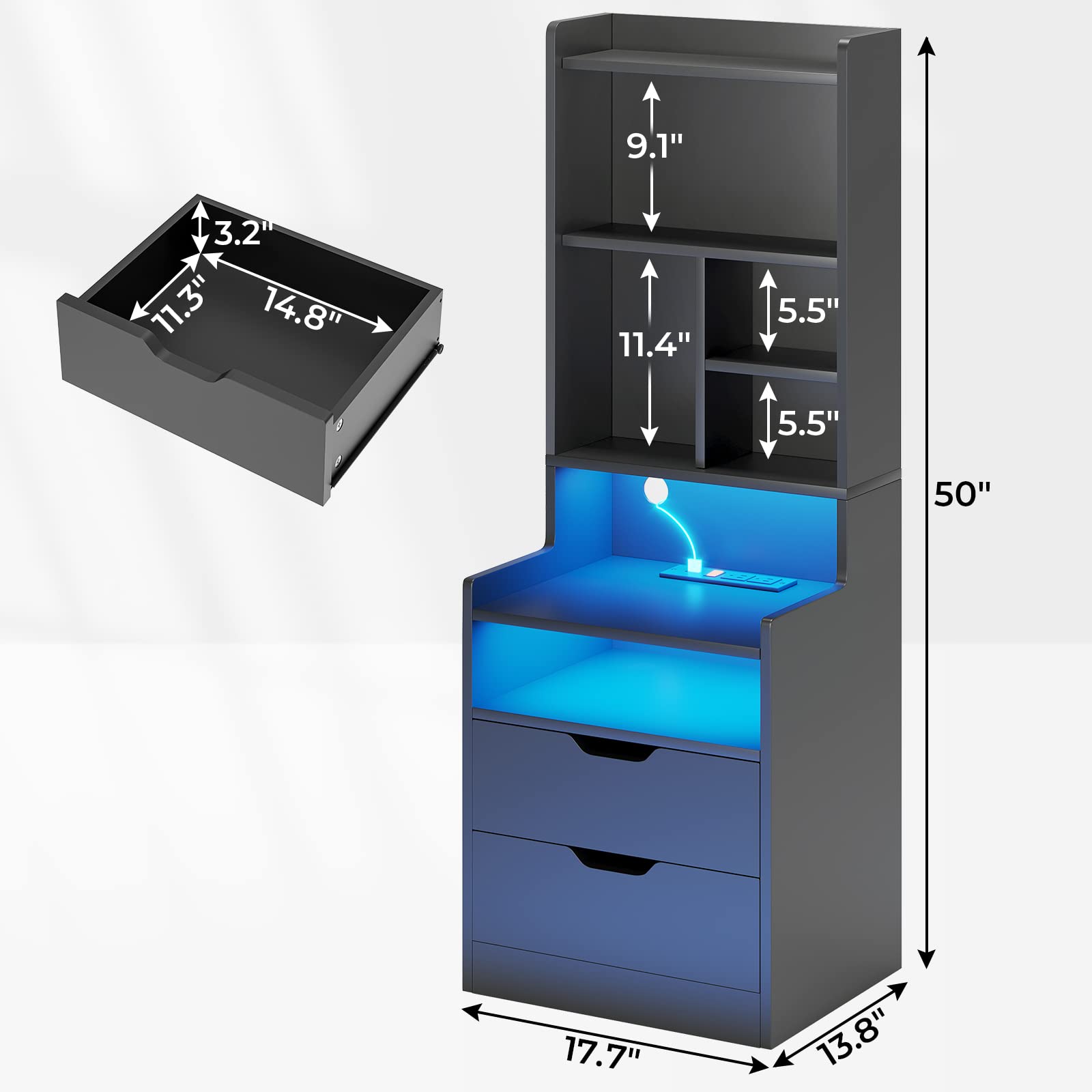 2-Piece LED Nightstand Set with Charging Station & Storage - Tall Bedside Table with Shelves, 2 Drawers & LED Lights - Modern Black End Tables for Bedroom, Living Room & Small Spaces
