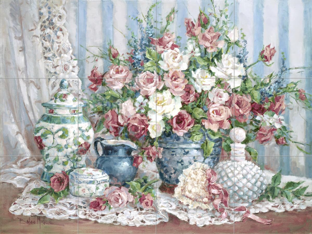 Ceramic Backsplash Tile Mural - Floral Flower Design with Roses for Kitchen & Bathroom - Barbara Mock Collection - Perfect for Home Renovation & Interior Decor