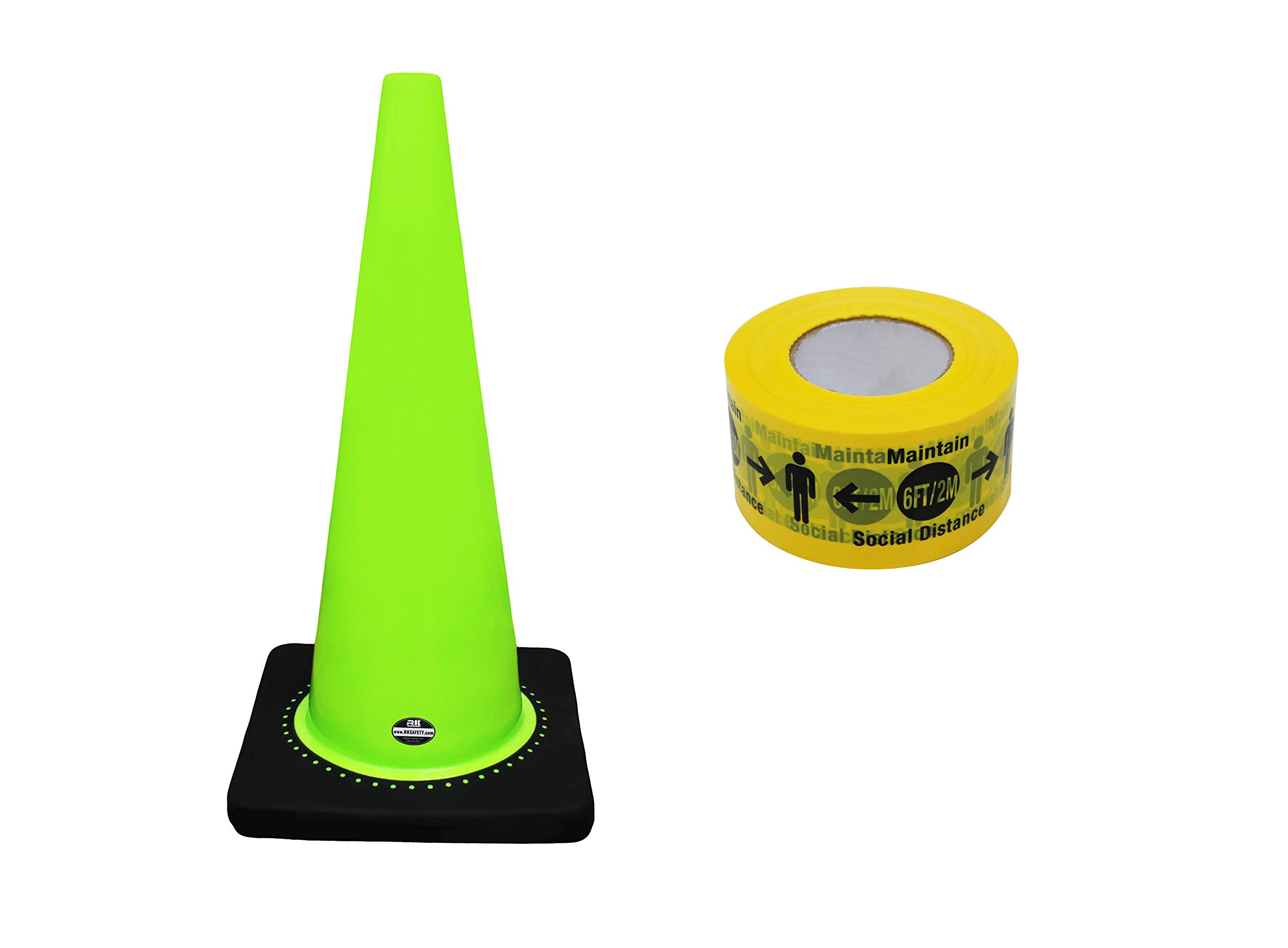 RK-Safety 28-Inch Lime Traffic Safety Cones with Black Base & High-Visibility Reflective Tape - 2 Pack Cones + 1 Roll Barricade Tape for Road Construction, Parking Control & Emergency Safety Scenes