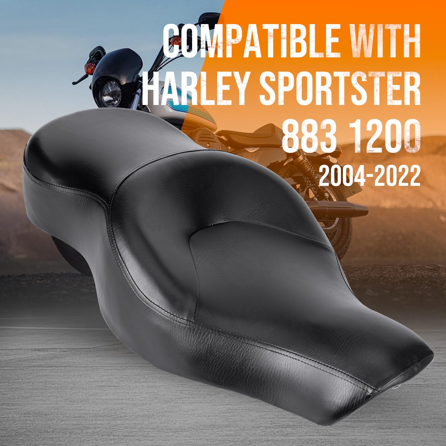 Premium Motorcycle Seats for Harley Sportster 883 1200 XL XR Iron (2004-2023) - Comfortable One-Piece Driver & Passenger Seat with Wider Thicker Cushion & Genuine Leather - Perfect for Long Rides, Touring, and Daily Commuting on Harley Sportster Forty-Eight Models