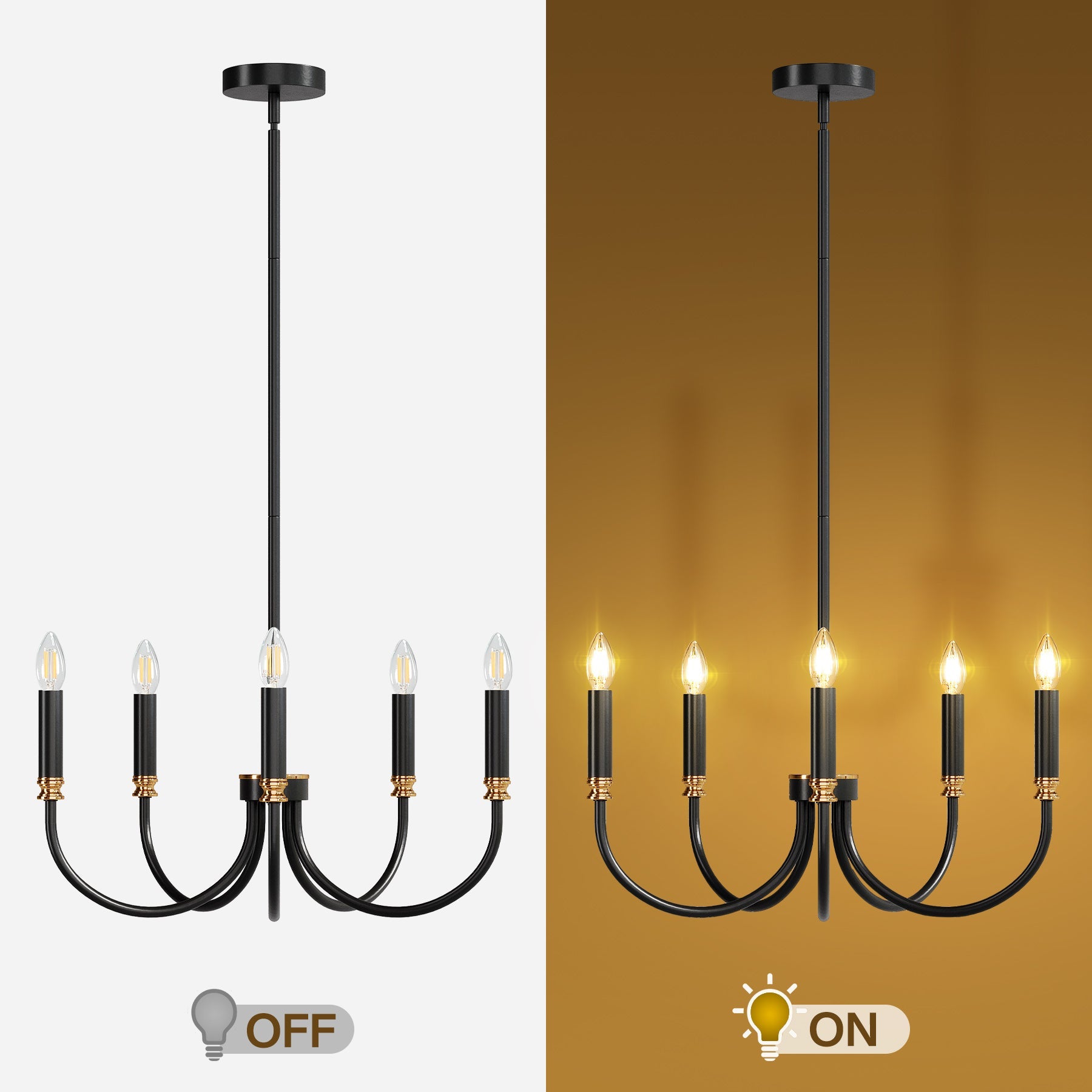 5-Light Modern Chandelier - Elegant Candle Style Hanging Pendant Light Fixture for Dining Room, Bedroom or Living Room Decor