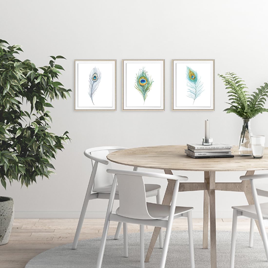 Peacock Feathers Wall Art Prints Set of 3 - 8x10 Inches Unframed Canvas Paintings - Elegant Home Decor for Living Room, Bedroom, Office & Kitchen - Boho Chic Wall Decor for Housewarming Gifts