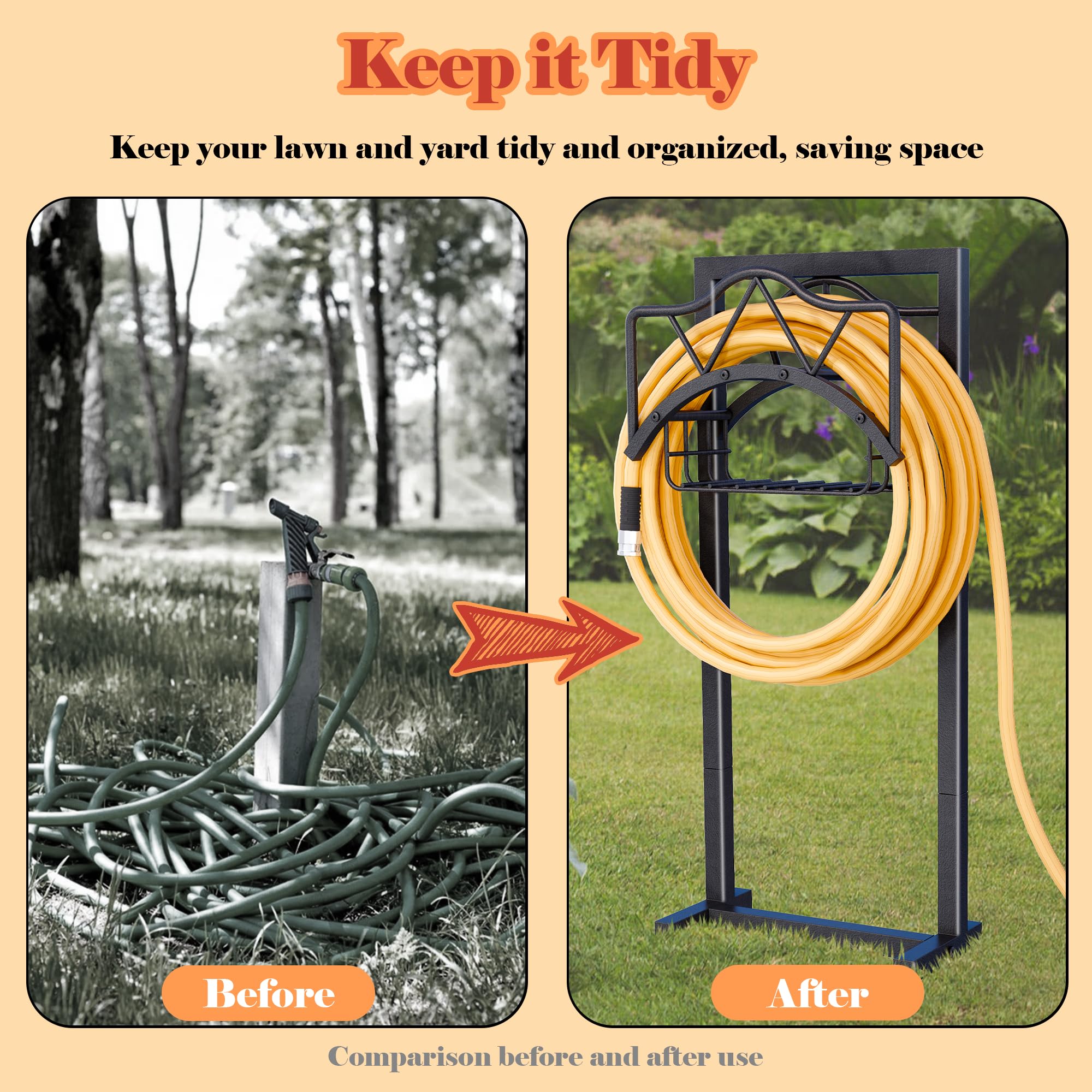 Heavy Duty Outdoor Metal Garden Hose Holder Stand with Basket - Freestanding Water Hose Reel for 150ft Hose, 5 Ground Spikes - Perfect for Yard, Lawn & Garden Watering (Black)