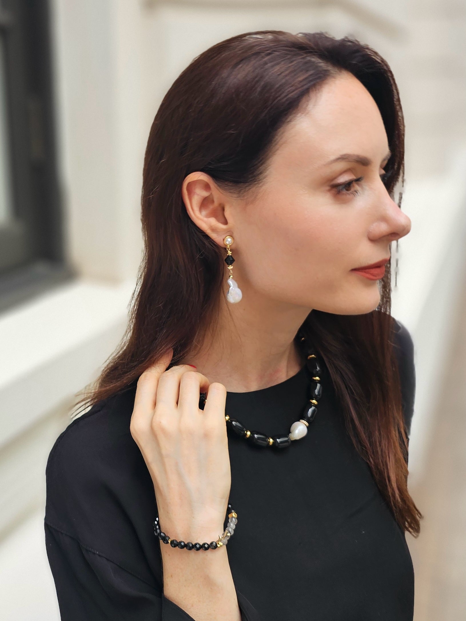 Baroque Pearls with Black Obsidian Clip-On Earrings NE007 | Vintage Style Dangle Earrings for Women | Perfect for Weddings, Parties & Evening Events