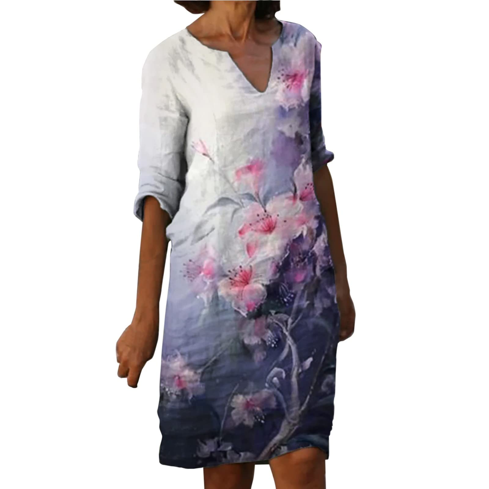 Women's Linen Summer Dress - V Neck Half Sleeve Floral Print Knee Length Sundress (White, XL) | Perfect for Beach Vacation, Garden Party & Casual Outings