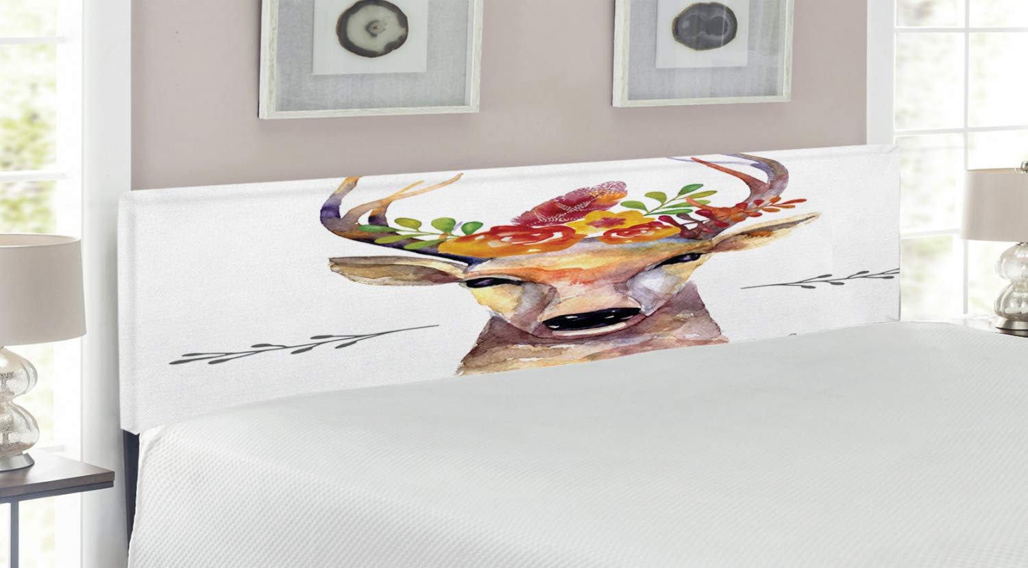 Ambesonne Indie Headboard - King Size Upholstered Metal Bed Frame with Memory Foam, Watercolor Deer Portrait & Boho Floral Design, Rustic Hipster Artwork for Bedroom Decor | Perfect for Master Bedrooms, Guest Rooms & Bohemian Style Homes