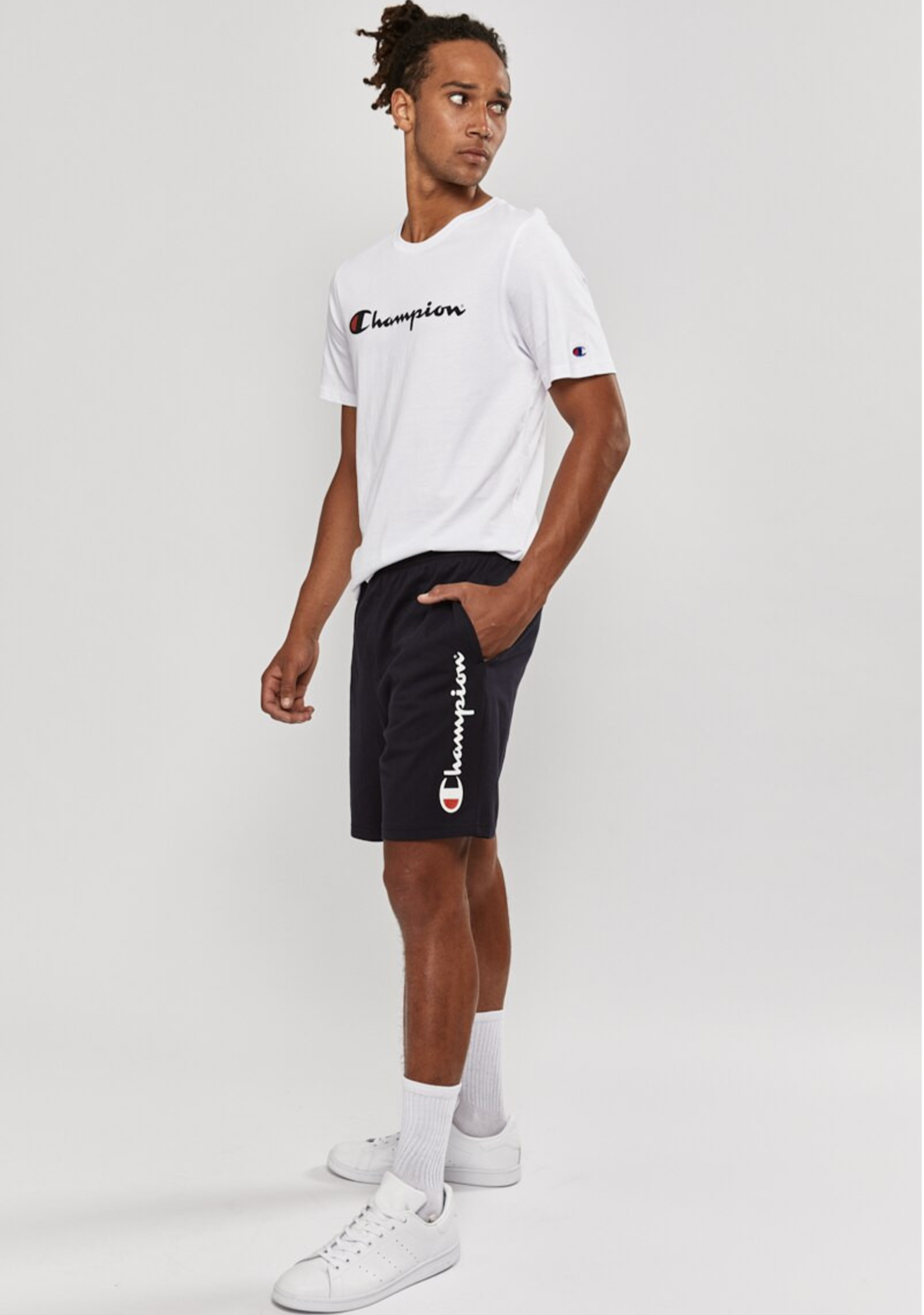 Champion Men's Script Logo Jersey Shorts - Navy Blue Comfortable Athletic Shorts for Running, Gym, and Casual Wear