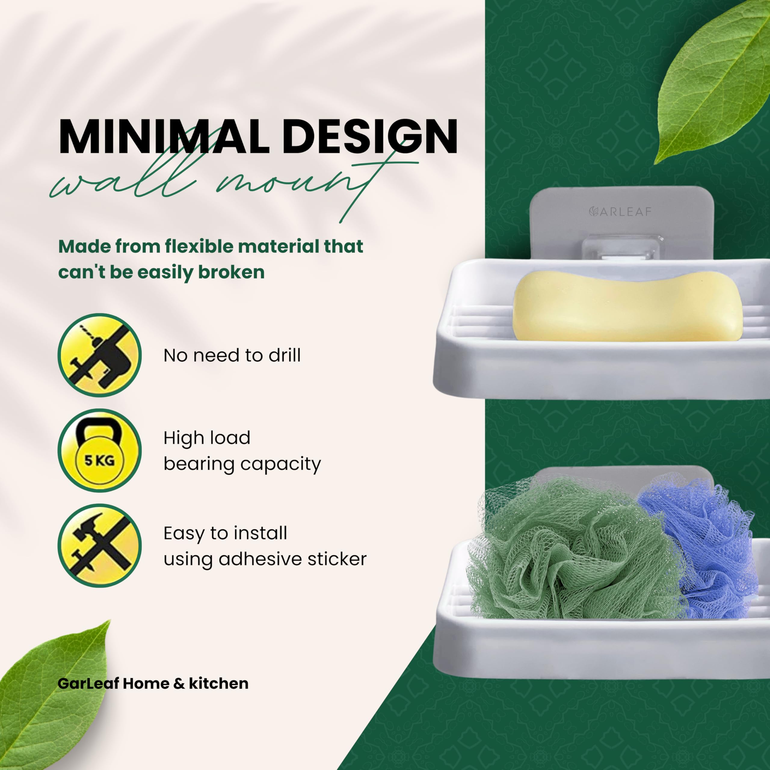 GARLEAF 2-Pack Soap Holder for Bathroom & Kitchen - Wall Mounted Organizer Shelf for Soap, Sponge, and Bath Accessories - Perfect for Shower, Sink, and Countertop Storage