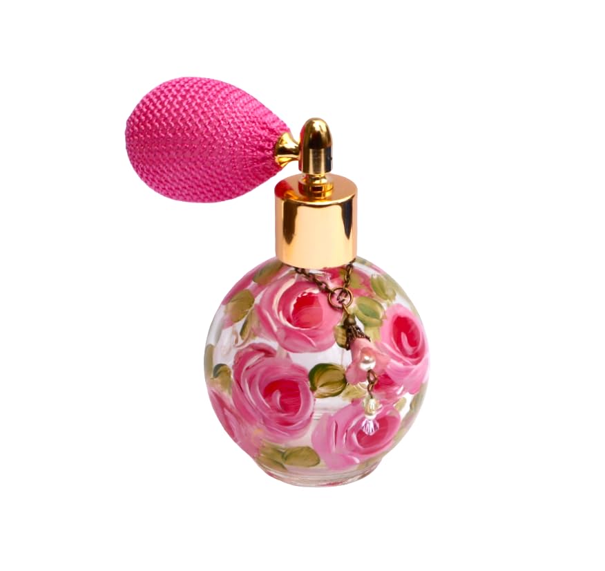 Elegant Refillable Glass Perfume Bottle with Hand-Painted Pink Roses & Crystal Pearls - Perfect for Travel, Gift Giving & Vanity Decor