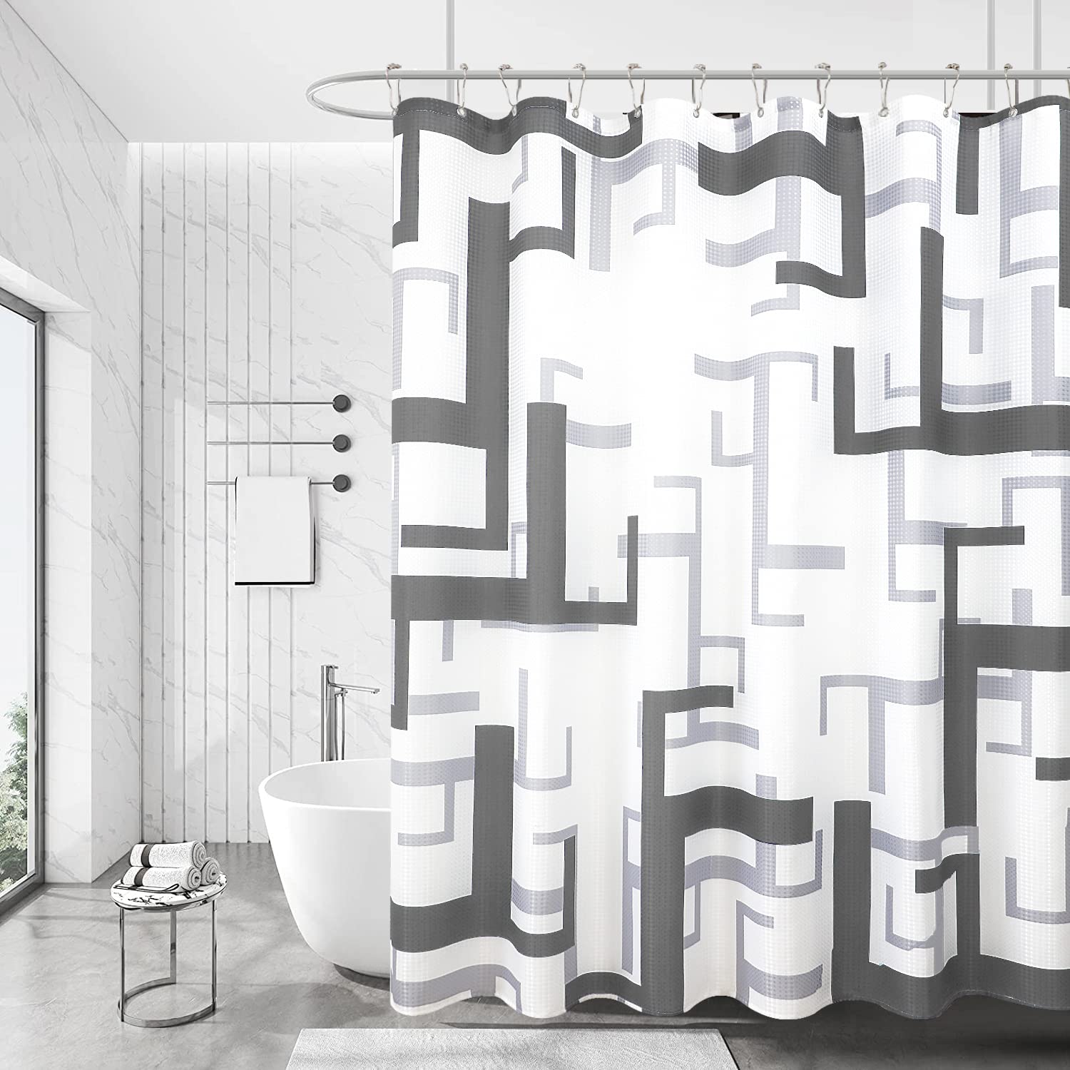 Modern Geometric Waffle Textured Shower Curtain Set - Water Repellent Silver Gray Bath Curtain 72x72 Inches for Women - Perfect for Contemporary Bathrooms & Spa-Like Showers