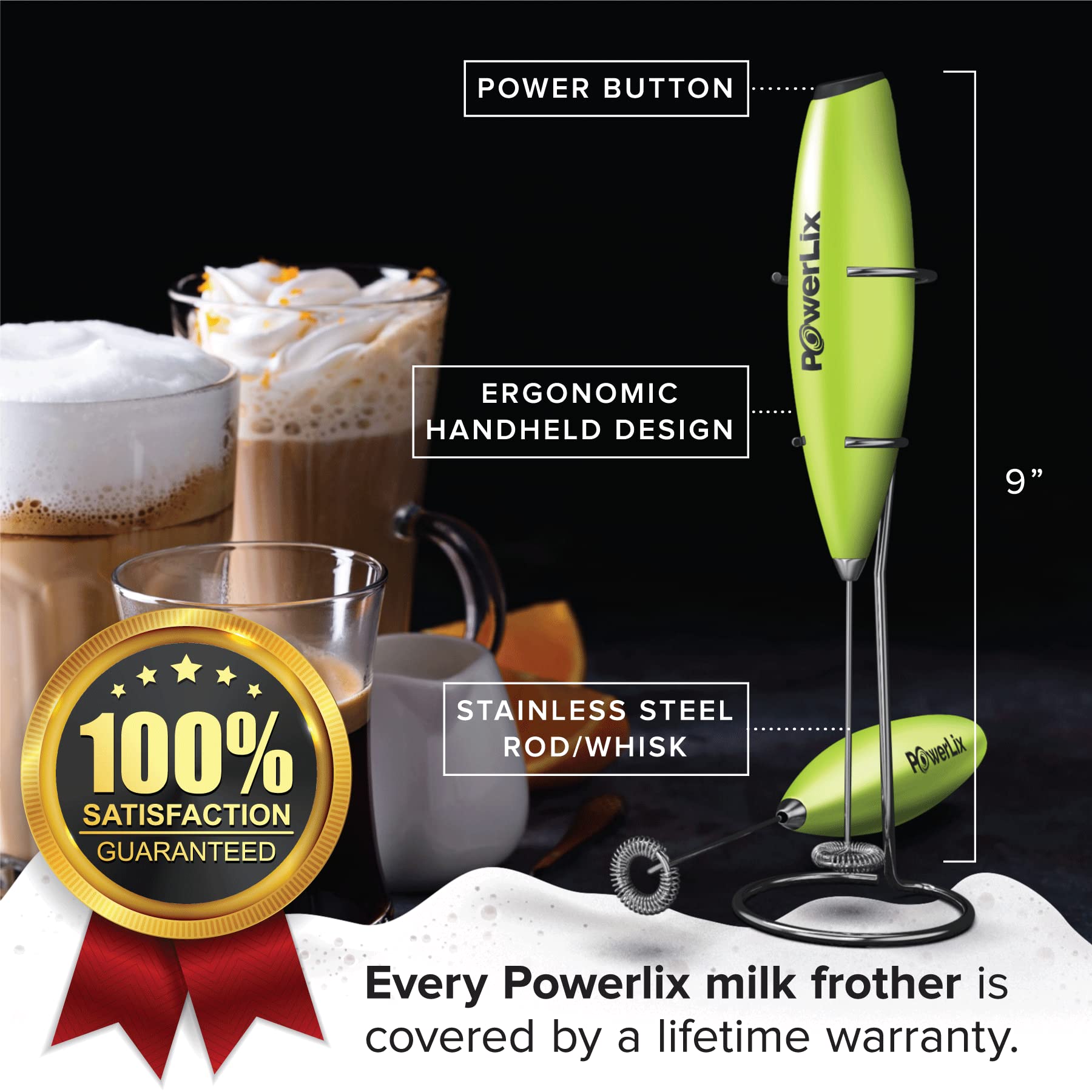 PowerLix Handheld Milk Frother - Battery Operated Foam Maker for Coffee, Latte & Cappuccino - Includes Stand (Black/Green) - Perfect for Home, Office & Travel Use