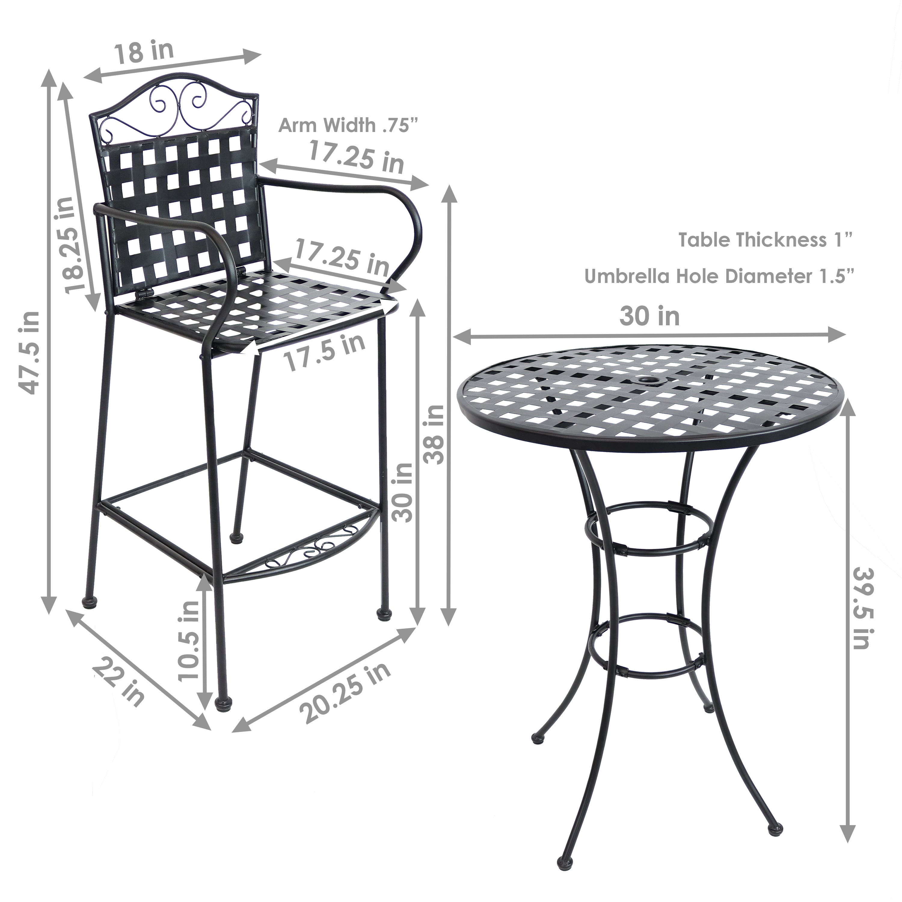 Sunnydaze Outdoor Black Scrolling Wrought Iron Bar Chair and Table Set - Patio Bistro Set for Garden, Poolside, and Restaurant Outdoor Seating