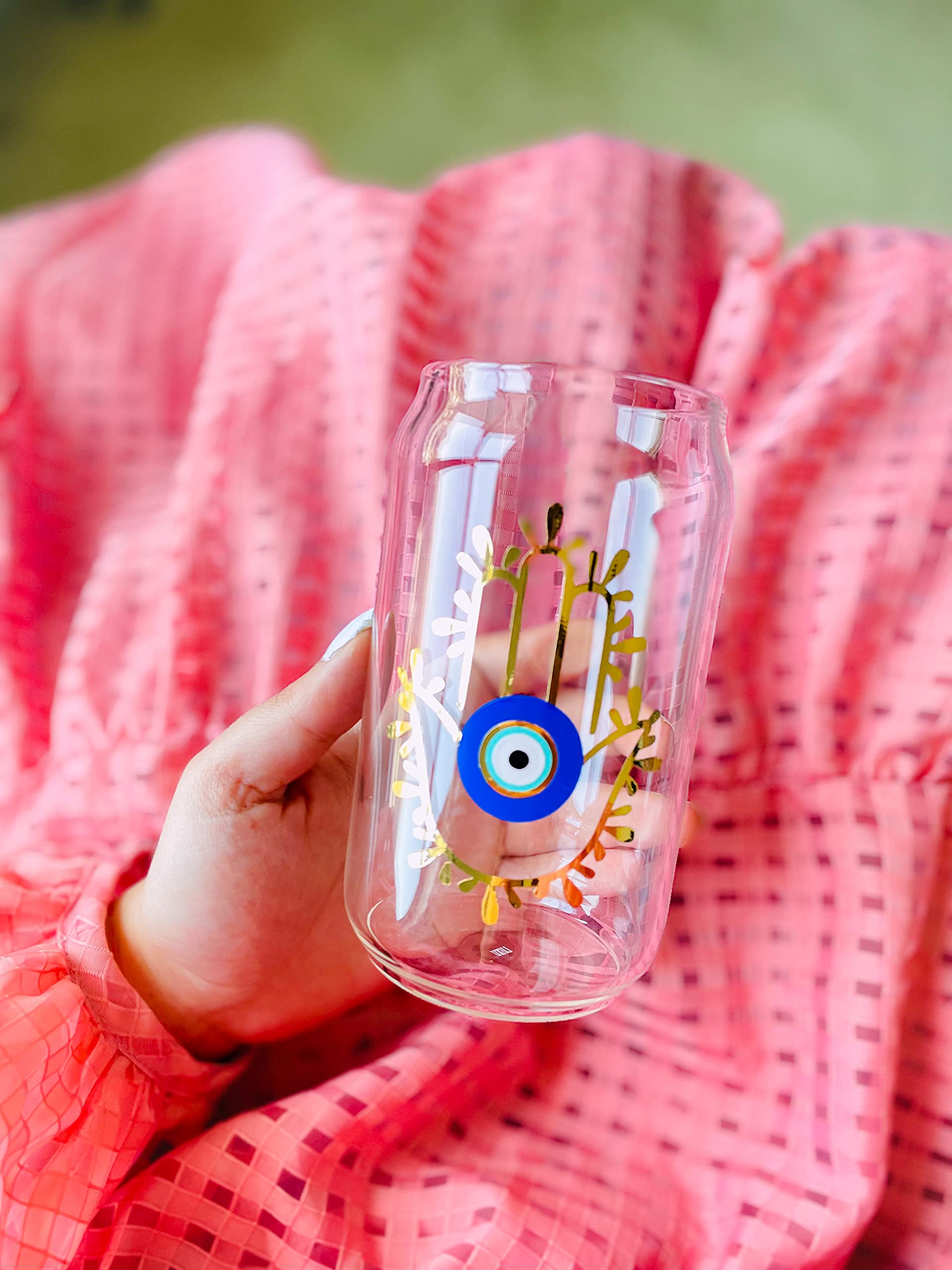 Evil Eye Glass Soda Beer Can Hamsa Hand Cup - 16oz Protective Drinking Glass for Beer, Soda & Water - Perfect for Parties, Home Decor & Spiritual Protection