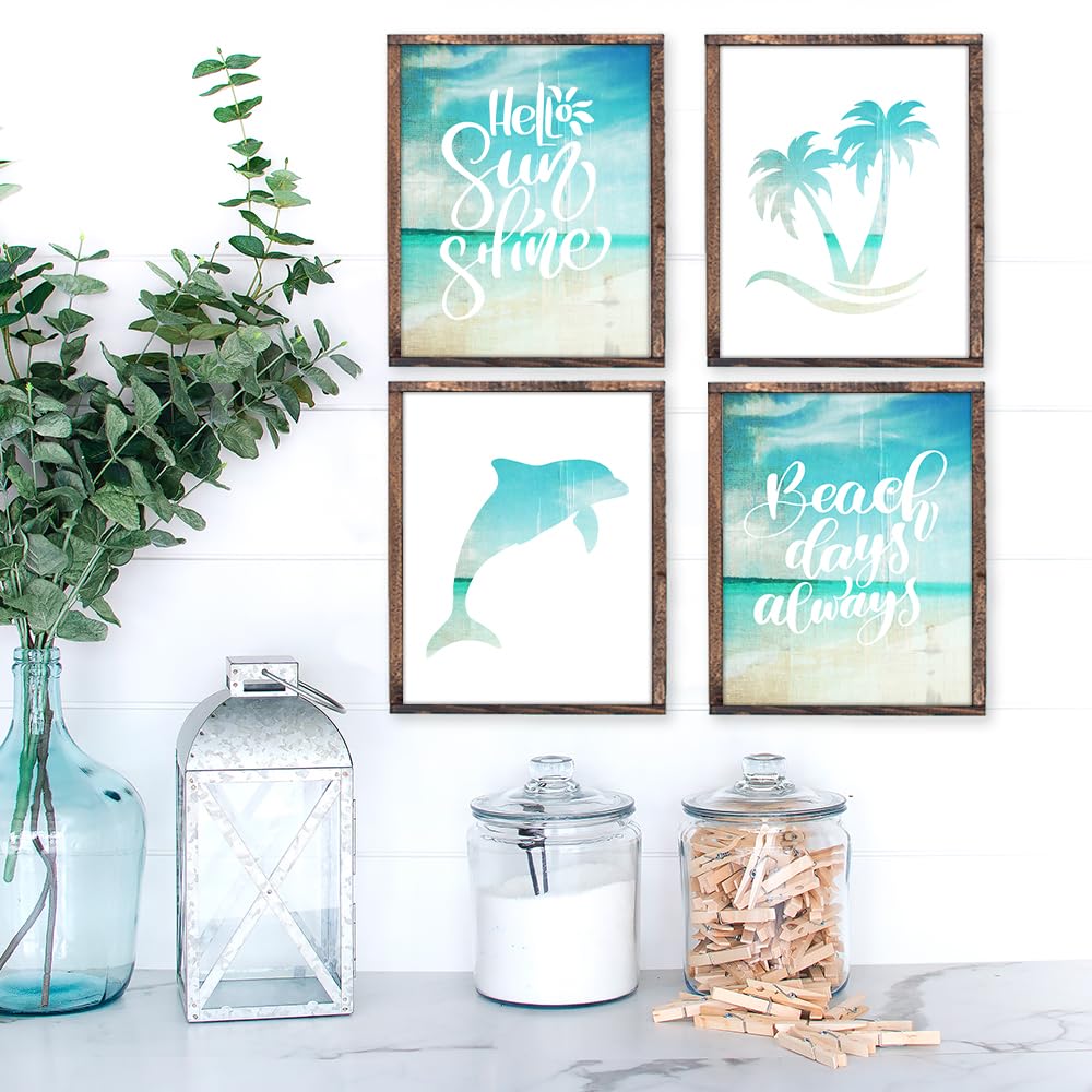 Beach Set Art Prints (Set of 4) - 11x14 Inches Unframed Wall Decor - Coastal Themed Paintings for Home & Office - Perfect for Living Room, Bedroom, Bathroom & Beach House Decor - Bring Ocean Vibes to Your Space