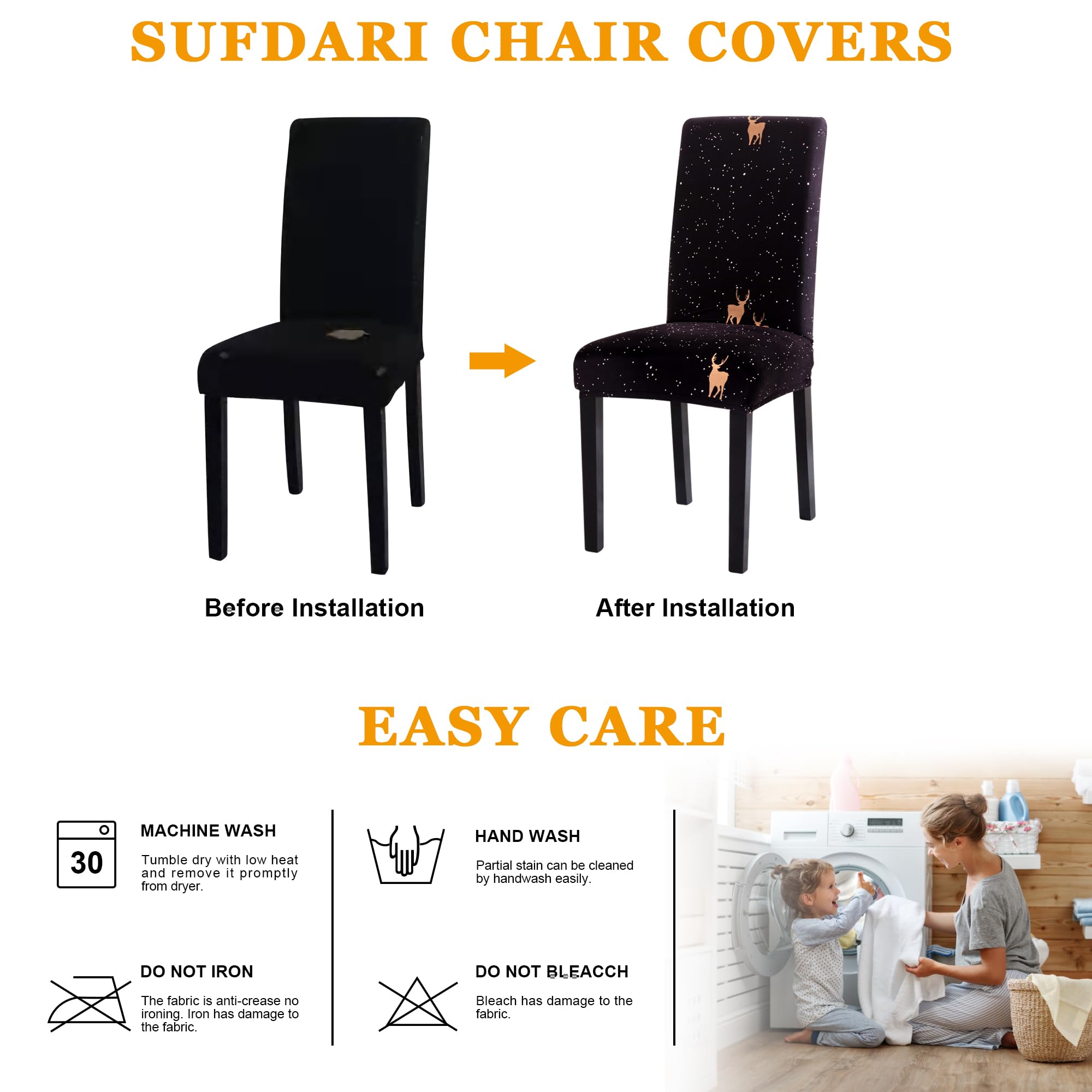 Stretch Spandex Dining Chair Covers Set of 4 - Black Elastic Slipcovers for Kitchen, Parsons & Dining Room Chairs | Washable Chair Protectors for Home, Restaurant & Office Use