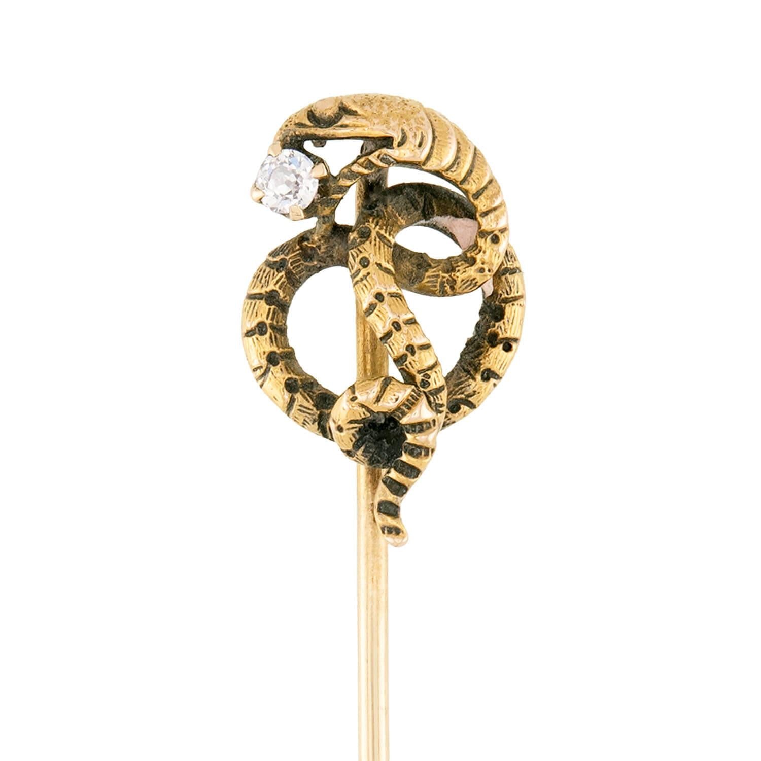 Victorian Style 14k Gold Diamond Snake Motif Stick Pin - Elegant Vintage Jewelry for Men & Women - Perfect for Weddings, Prom, and Formal Events
