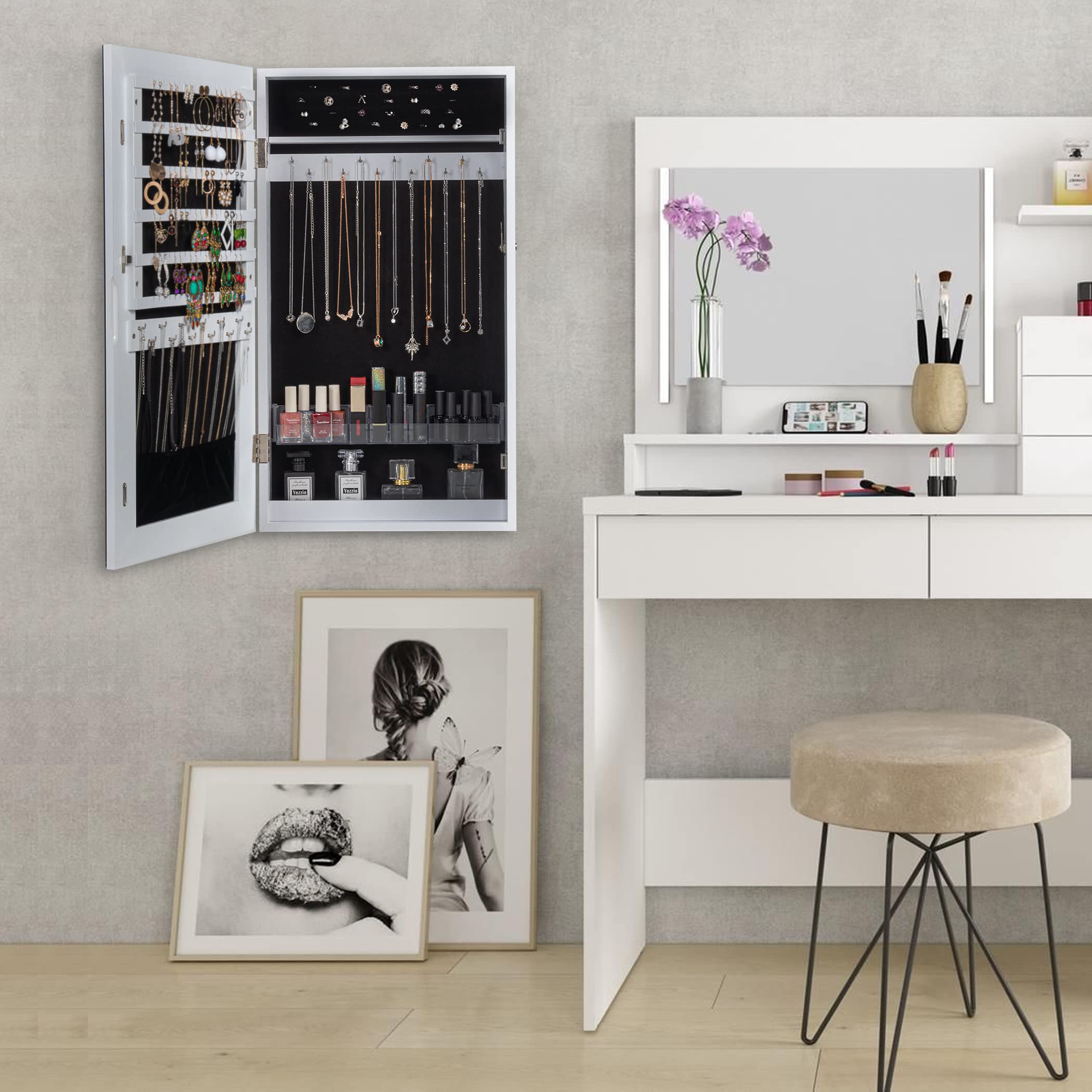 LAVIEVERT Lockable Jewelry Cabinet with Frameless Mirror - Wall/Door Mounted Space Saving Jewelry Organizer with Lipstick Compartments, White | Perfect for Bedroom, Closet & Dressing Room Organization