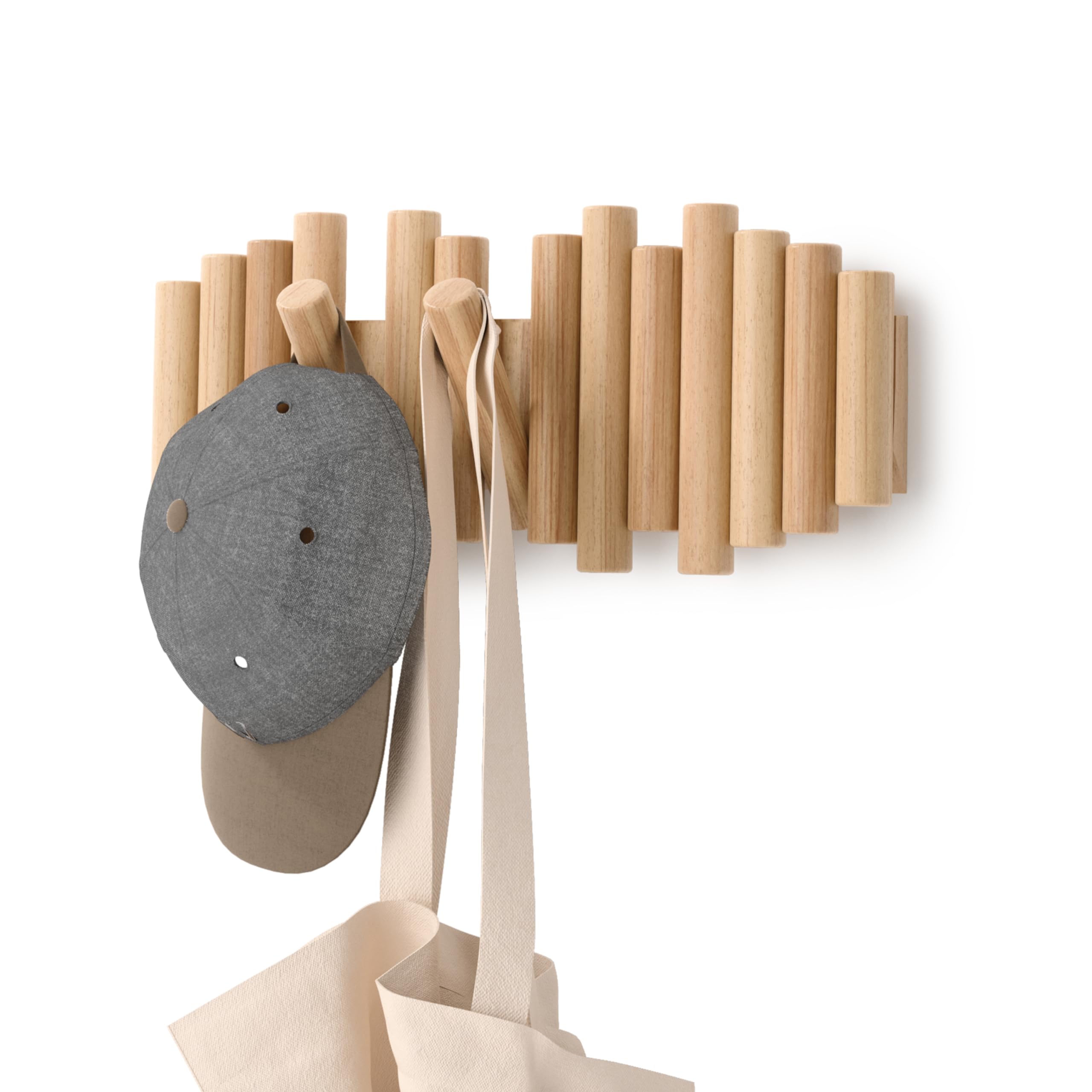 Umbra Picket 5-Hook Wall Mounted Coat Rack - Natural Finish Beveled Pine Wood Dowels - Doubles as Decorative Wall Art - Perfect for Entryway, Bedroom or Bathroom Organization