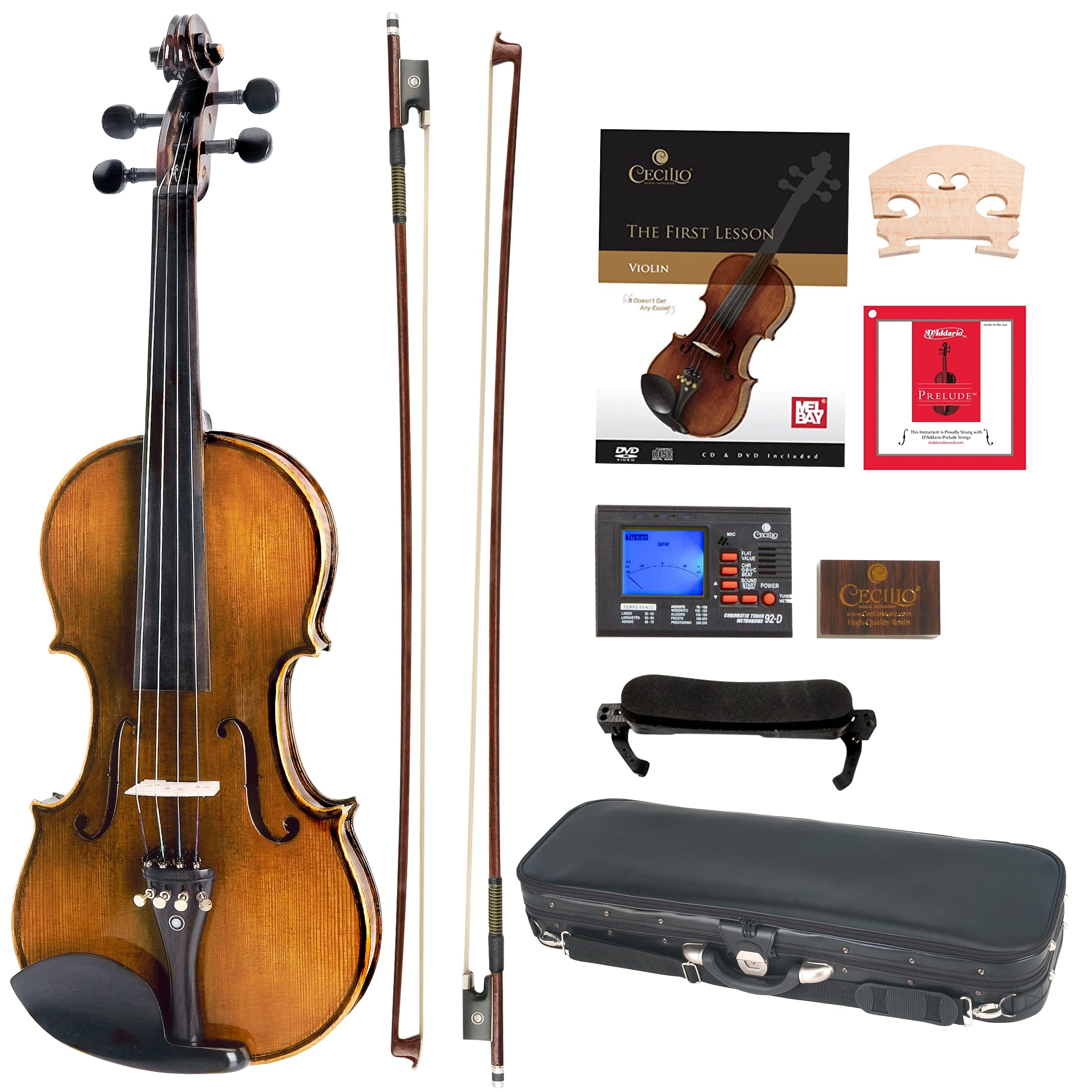 Cecilio CVN-600 Full Size 4/4 Solid Wood Violin with Hand Oil Rub Finish & D'Addario Prelude Strings - Highly Flamed 1-Piece Back for Professional Musicians & Students - Perfect for Orchestras, Concerts & Music Lessons