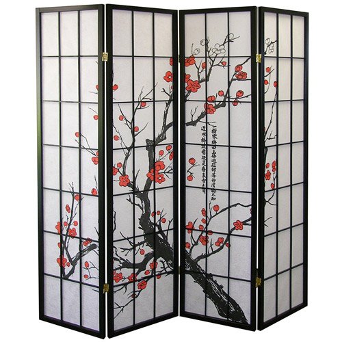 Brand New 4-Panel Folding Wood Shoji Room Divider Screen - Black Oriental Privacy Partition with Plum Blossom Design for Home Office, Bedroom, and Living Room Space Separation