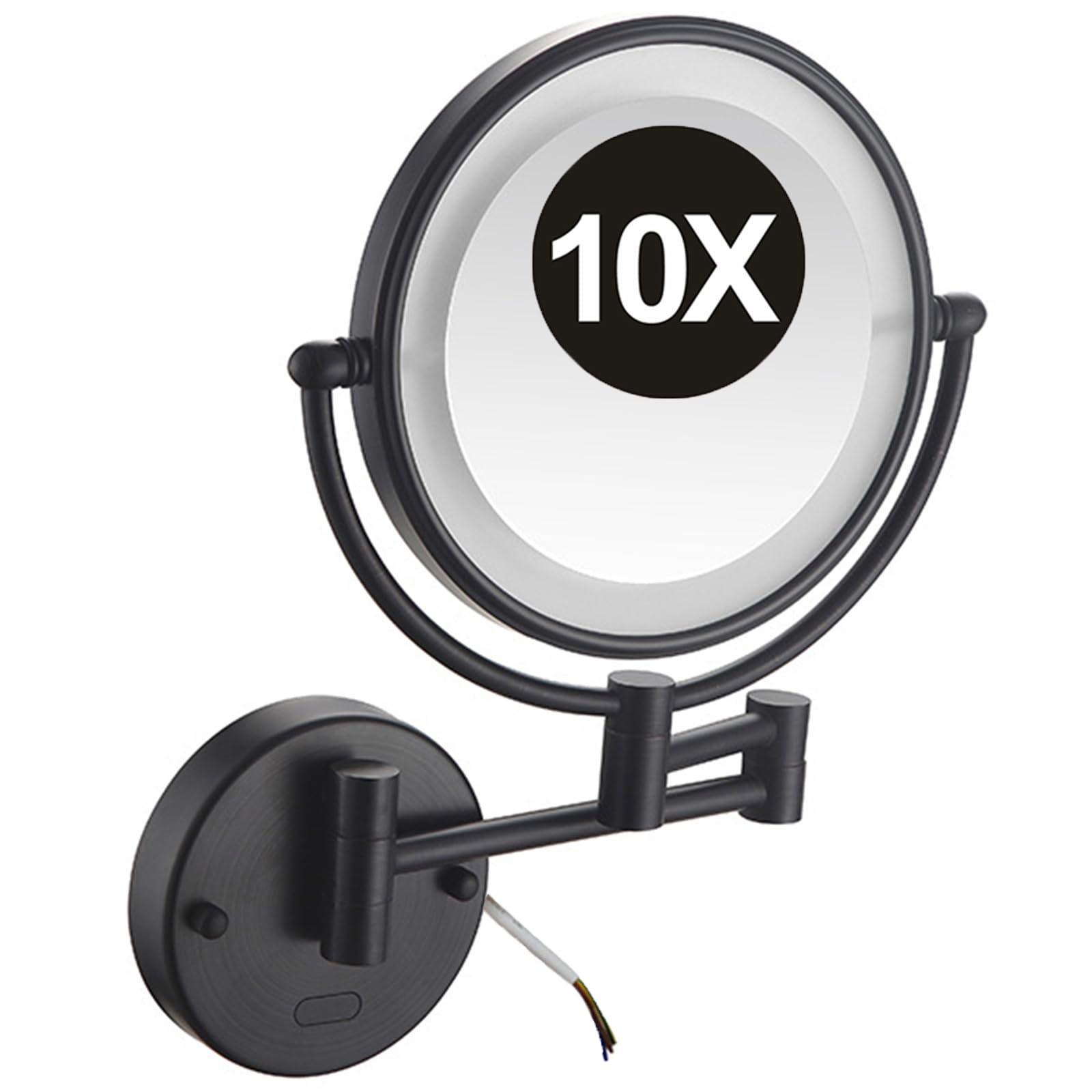8 Inch Wall Mounted Double Sided 1X/10X Magnifying Makeup Mirror with LED Lights & Infrared Sensor - 360° Swivel Extendable Vanity Mirror for Bathroom, Shaving, Cosmetics Application | HD Black Hardwired Mirror for Perfect Grooming & Makeup
