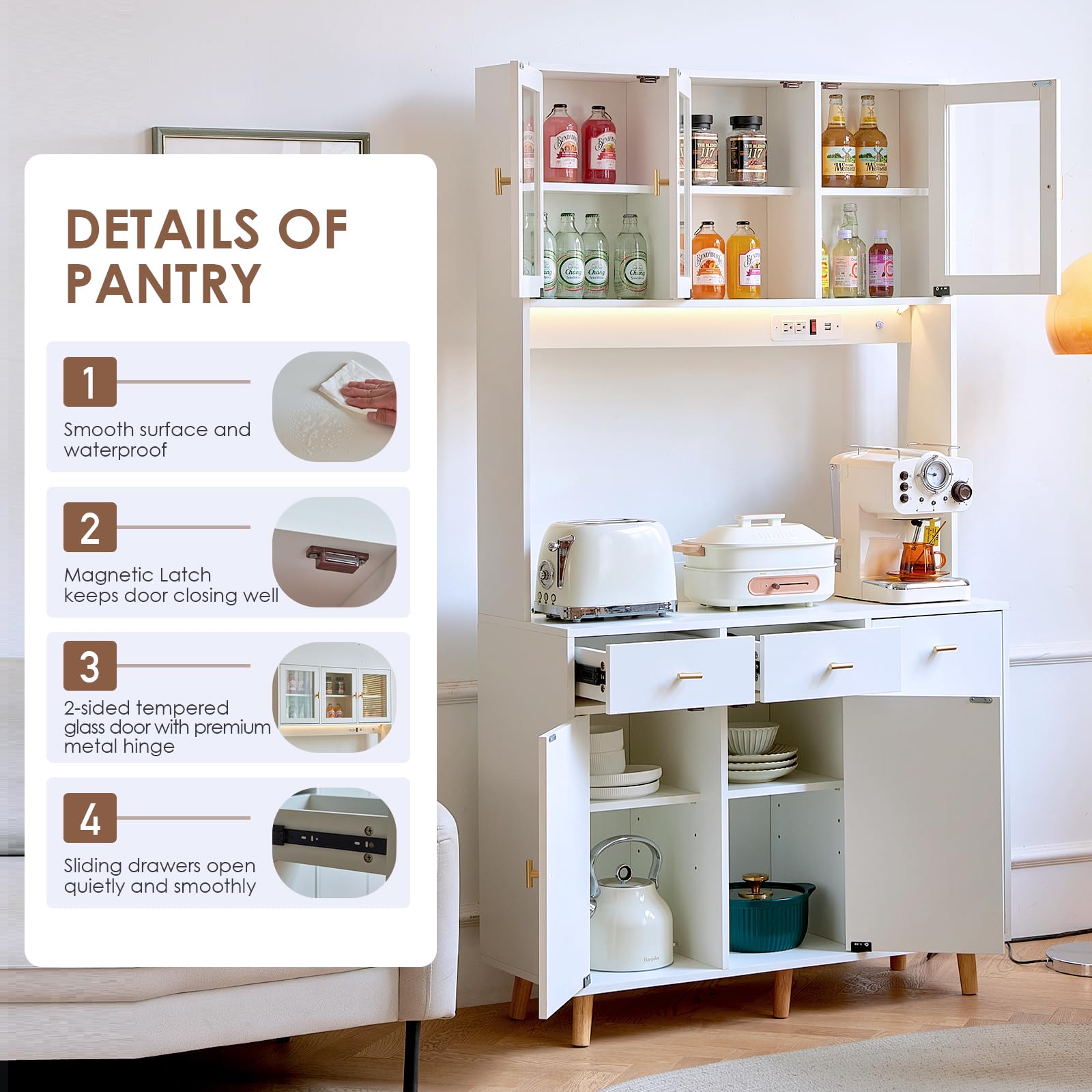 Modern White Kitchen Pantry Storage Cabinet with Hutch - Buffet Cabinet with LED Light, Charging Station & Microwave Stand - Tall Cupboard for Dining Room & Kitchen Organization - Perfect for Small Spaces & Open Shelving Display