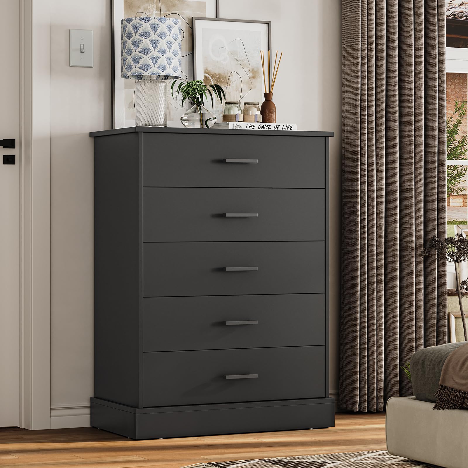 Hasuit 5-Drawer Black Dresser for Bedroom - Solid Wood Tall Chest with Sturdy Base, Large Capacity Storage Cabinet for Closet Organization - Perfect for Bedroom, Living Room & Hallway Storage Solutions