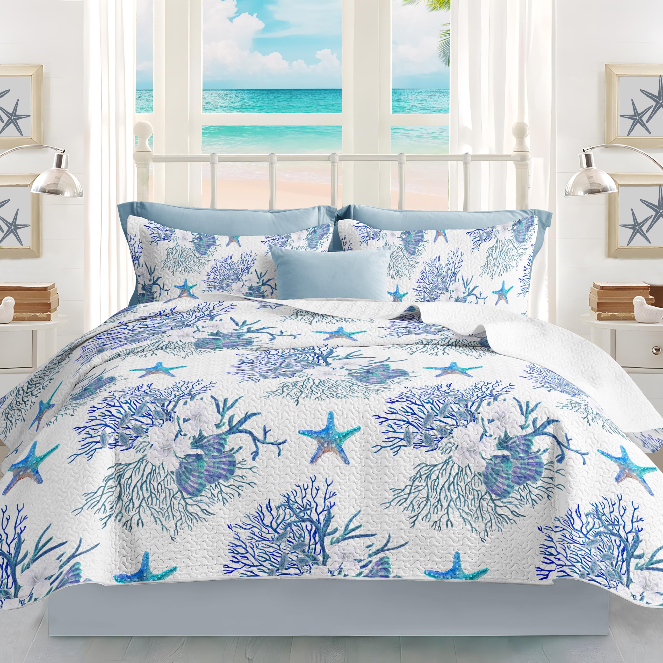 Coastal Queen Size Quilt Set with 2 Shams - Nautical Ocean Blue Starfish Bedspread & Summer Comforter 90''x96'' - Perfect for Beach House Decor, Guest Room Bedding & Coastal Themed Bedrooms