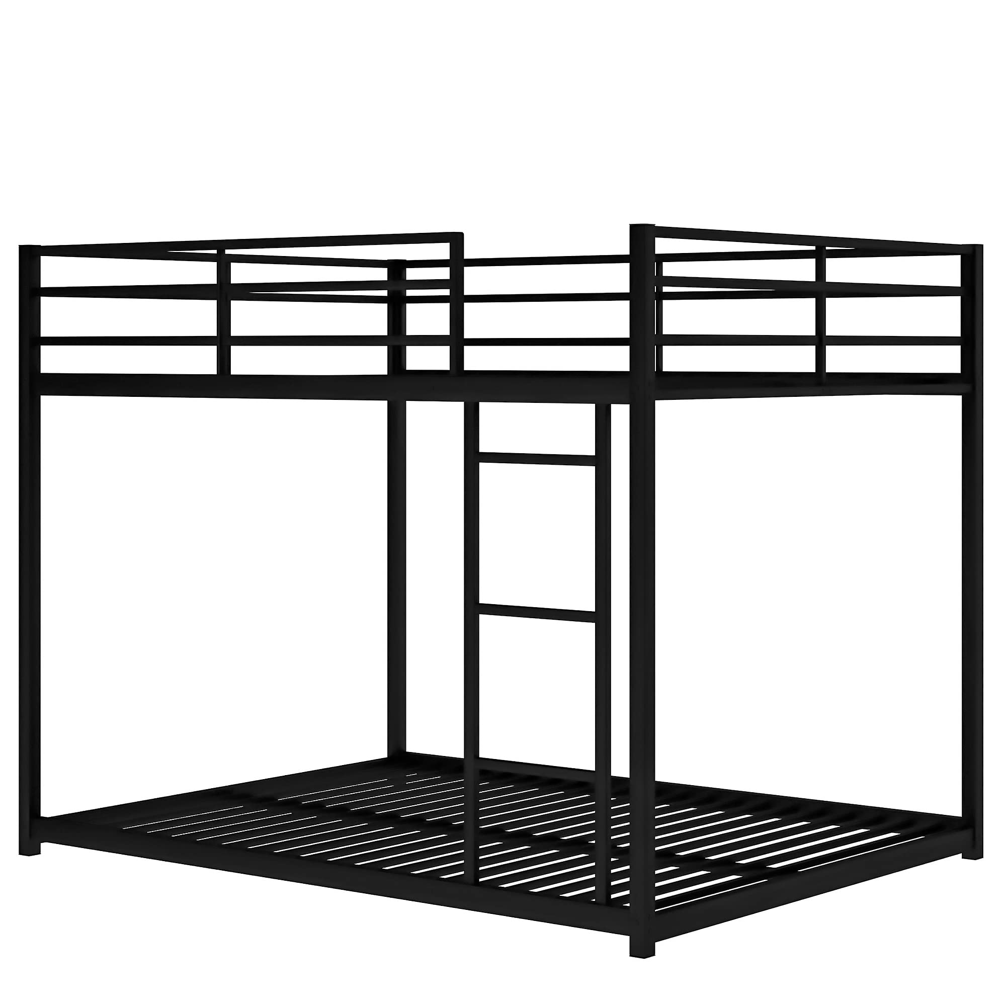 Olela Full Over Full Bunk Beds for Kids & Adults - Sturdy Low Metal Bed Frame with Ladder - Space-Saving Floor Bunk Bed for Boys, Girls & Teens (Black) - Perfect for Small Bedrooms, Dorms & Guest Rooms