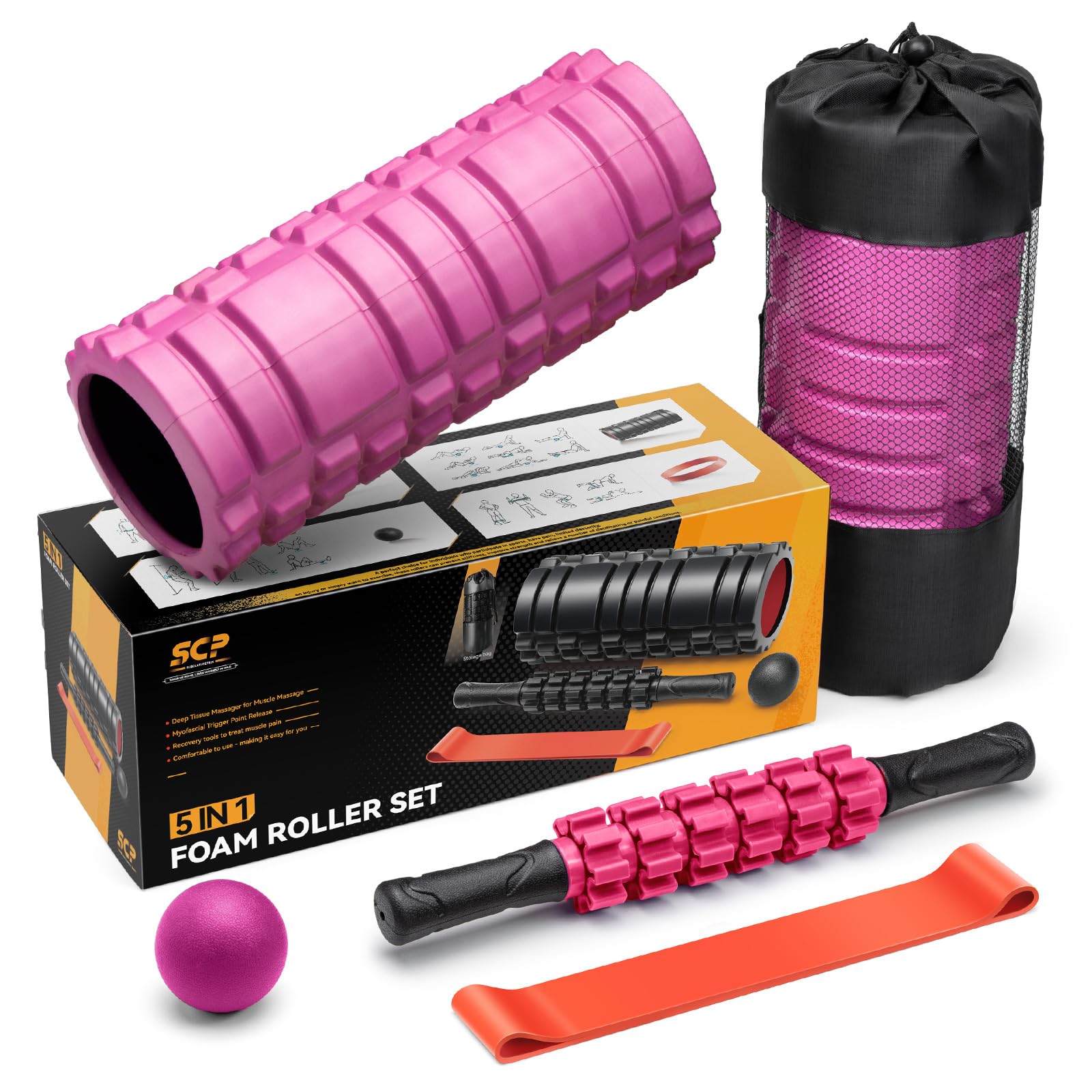 5 in 1 Foam Roller Set for Deep Tissue Muscle Massage & Recovery - Trigger Point Fitness Patented Exercise Foam Roller, Massage Roller, Massage Ball & Stretching Strap - Full Body Pain Relief for Athletes, Yoga & Post-Workout Recovery (Pink-Black)