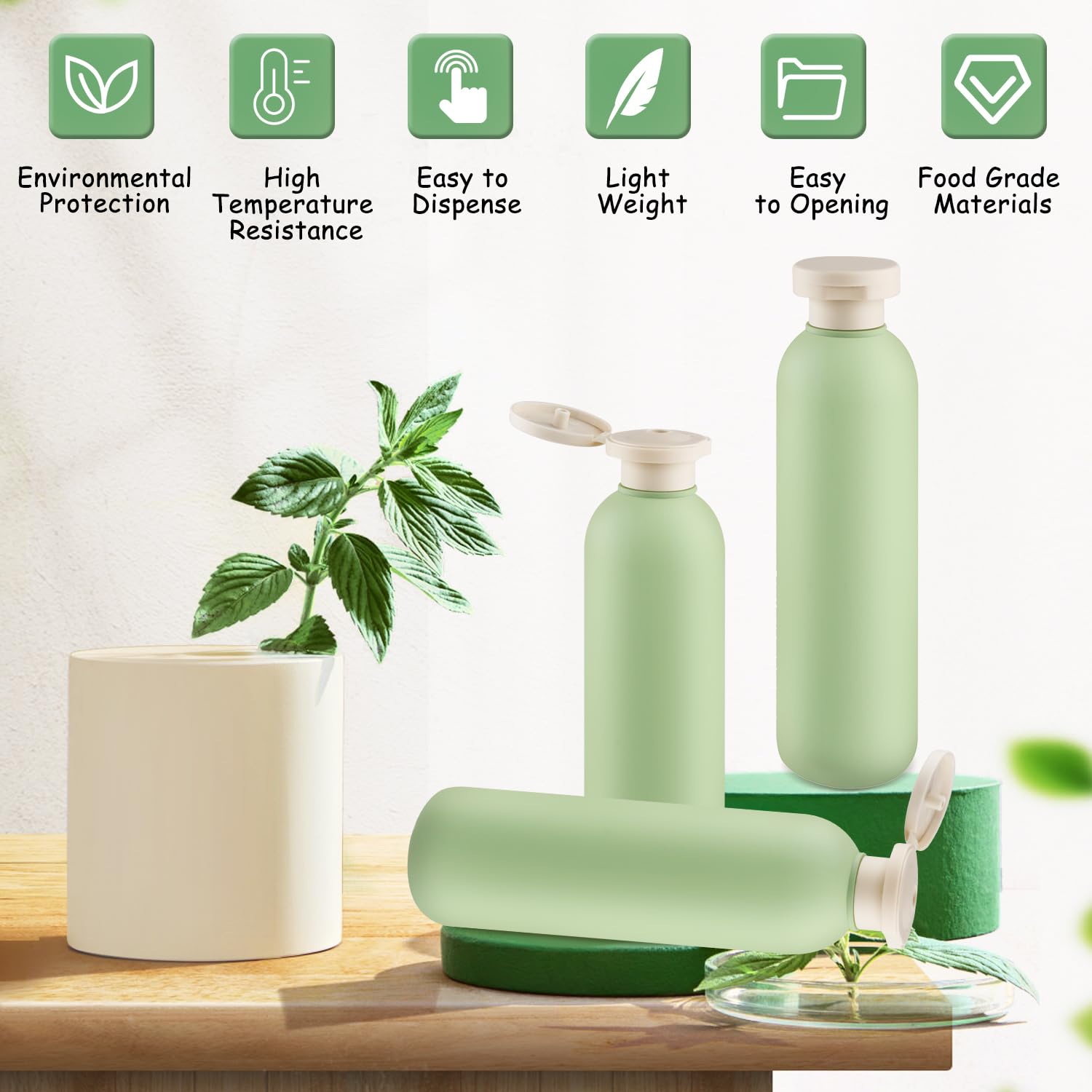 8.8 oz (260ml) Plastic Travel Shampoo Bottles - 9 Pack Green Refillable Squeeze Bottles with Flip Cap | Leak-Proof Lotion Containers for Cream, Toiletries & Conditioner | Includes Silicone Funnel | Perfect for Travel, Gym & Home Organization