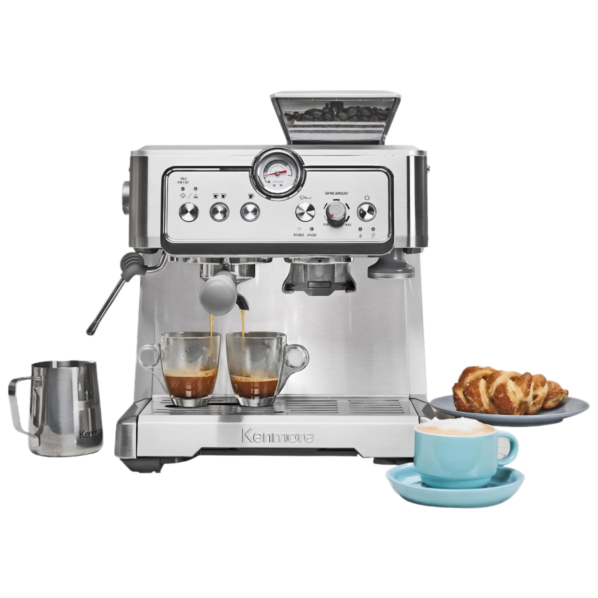 Kenmore Semi-Automatic Espresso Machine with Built-in Grinder & Milk Frother - Stainless Steel Coffee Maker for Cappuccino, Latte - Auto Cleaning & Manual Tamper - Perfect for Home Baristas & Coffee Shops