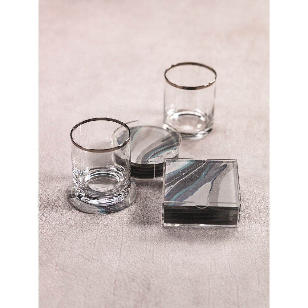 Premium Aqua Lagoon Agate Coasters Set of 6 with Holder - Natural Stone Square Drink Coasters for Home Bar, Coffee Table & Party Decor - Elegant & Durable Protection for Furniture