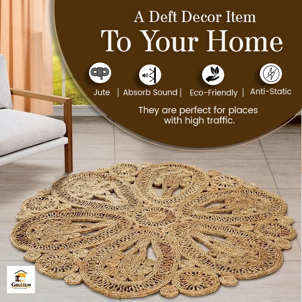 GRUHUM Handwoven Jute Area Rug - 6 Feet Round Natural Fiber Boho Braided Rug - Reversible Eco-Friendly Farmhouse Decor for Indoor/Outdoor Use - Perfect for Kitchen, Bedroom, Living Room & Hallways (6' Circle)