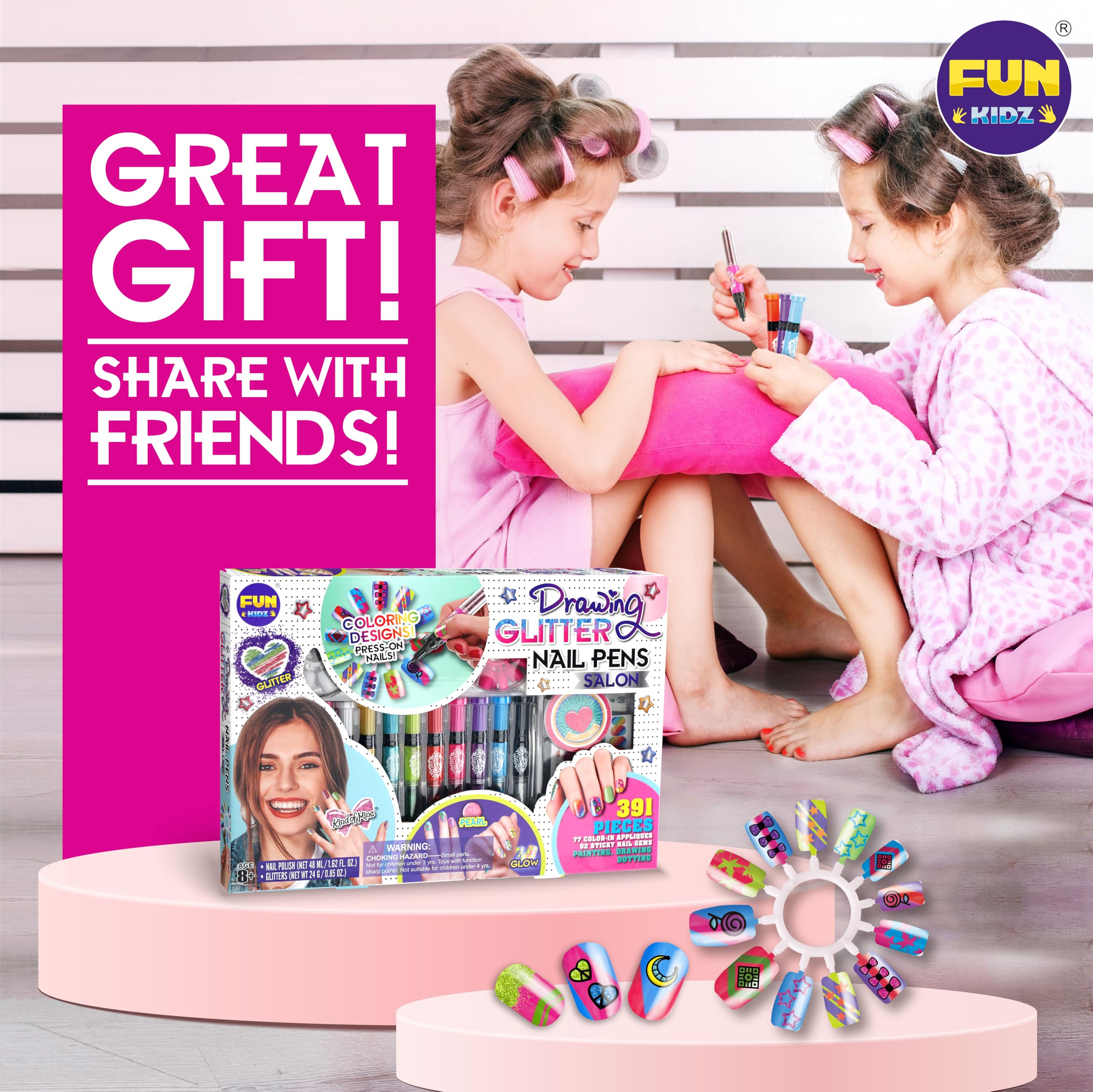 FunKidz Ultimate 315Pcs Kids Nail Art Kit for Girls Ages 7-12 - Glitter Nail Polish Pens, Temporary Nail Stickers & SPA Makeup Set (17.91