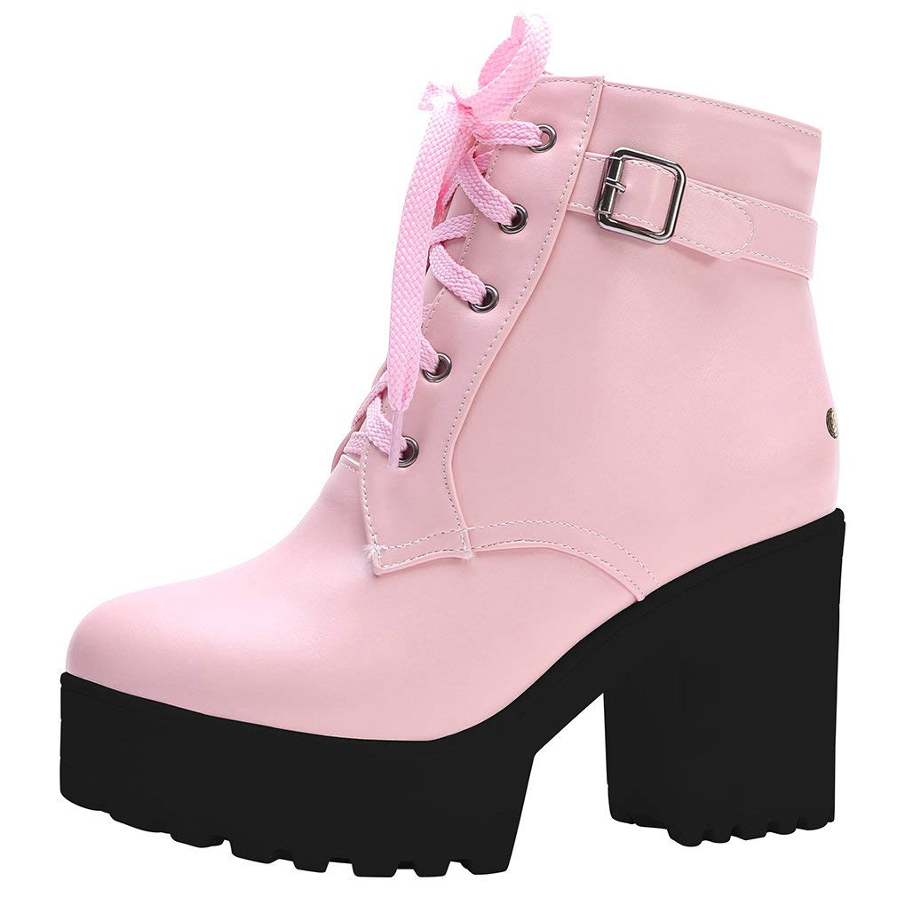 Parisuit Women's Chunky Lace Up Booties - Platform High Heel Ankle Boots for Autumn & Winter | Fashion Shoes for Women | Perfect for Office, Party & Night Out