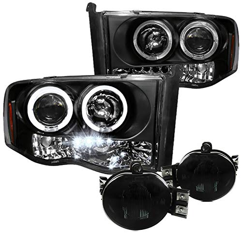 Spec-D Tuning Black Halo LED Projector Headlights + Smoke Fog Lights for 2002-2005 Dodge Ram 1500 | Left & Right Pair Headlamps Assembly | Upgrade Your Truck's Style & Night Visibility
