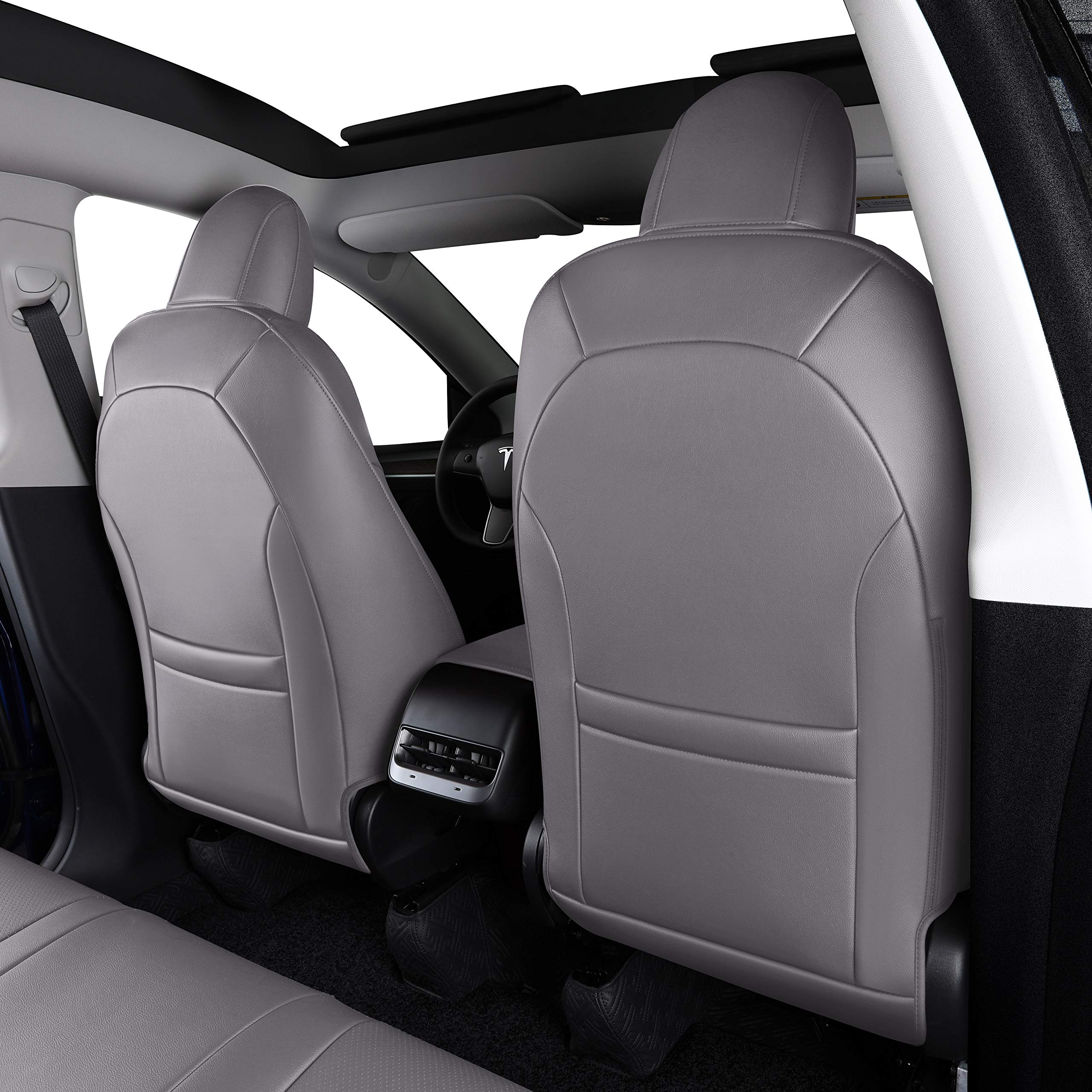 Premium Tesla Model Y Seat Covers (2020-2024) - Custom Fit 5-Seater Synthetic Leather Car Seat Protectors - Lichi Grey - Waterproof & Anti-Slip Design for Enhanced Comfort & Durability | Perfect for Daily Commute, Road Trips & Family Protection