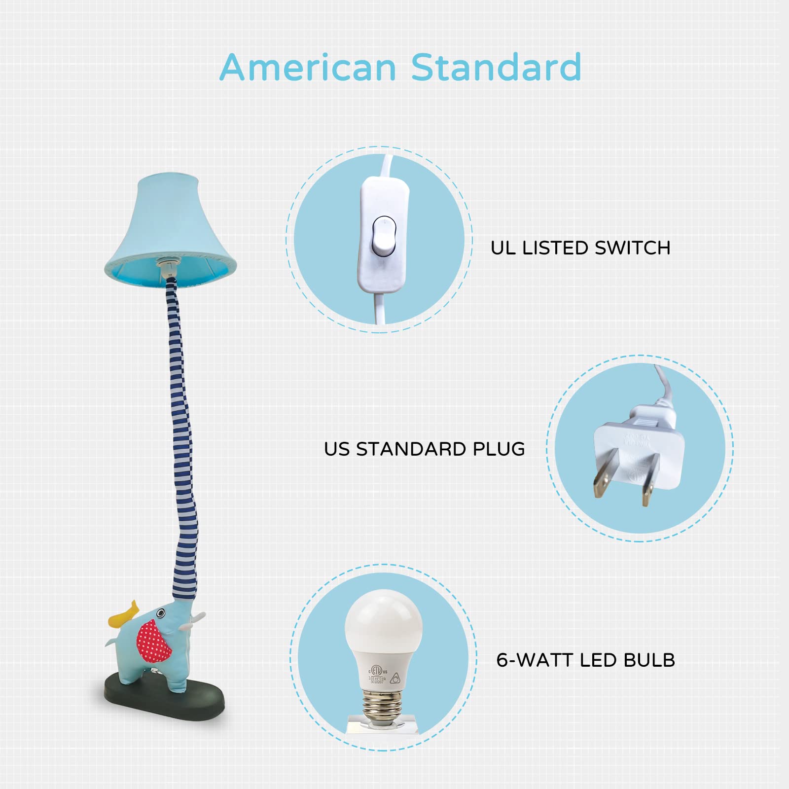 Blue Elephant Creative Design Modern Floor Lamp - 51 Inch Tall Hand-Stitched Standing Lamp for Bedroom & Living Room with E26 LED Bulb | Perfect for Nursery, Kids Room Decor & Cozy Reading Corner