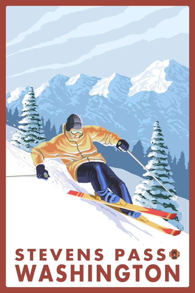 Stevens Pass Washington Downhill Snow Skier 24x36 Signed Art Print - Winter Sports Wall Decor for Ski Lodge & Mountain Cabin